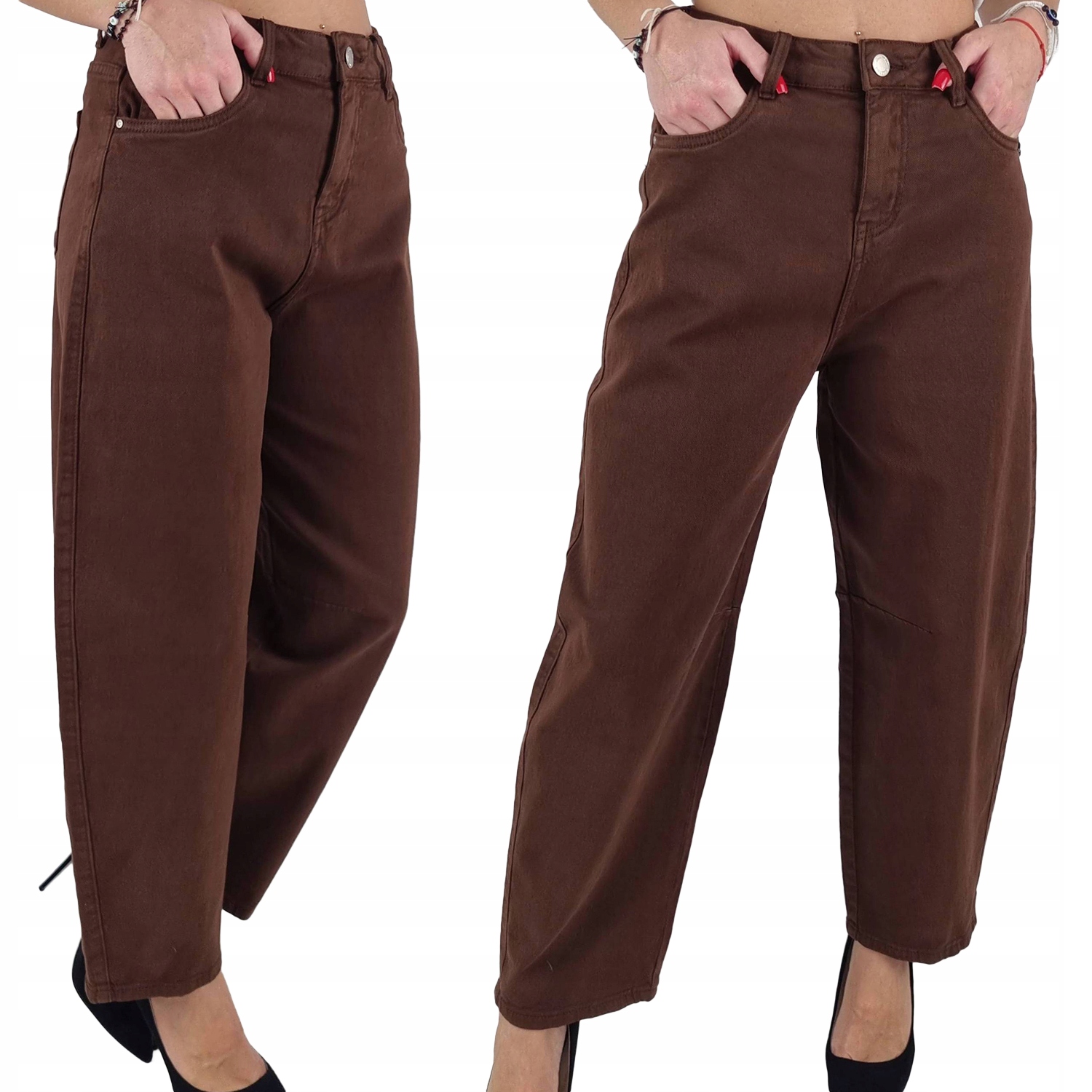 Dámské džíny Balloon Volné M.Sara, vysoký pas, hnědé Čokoláda