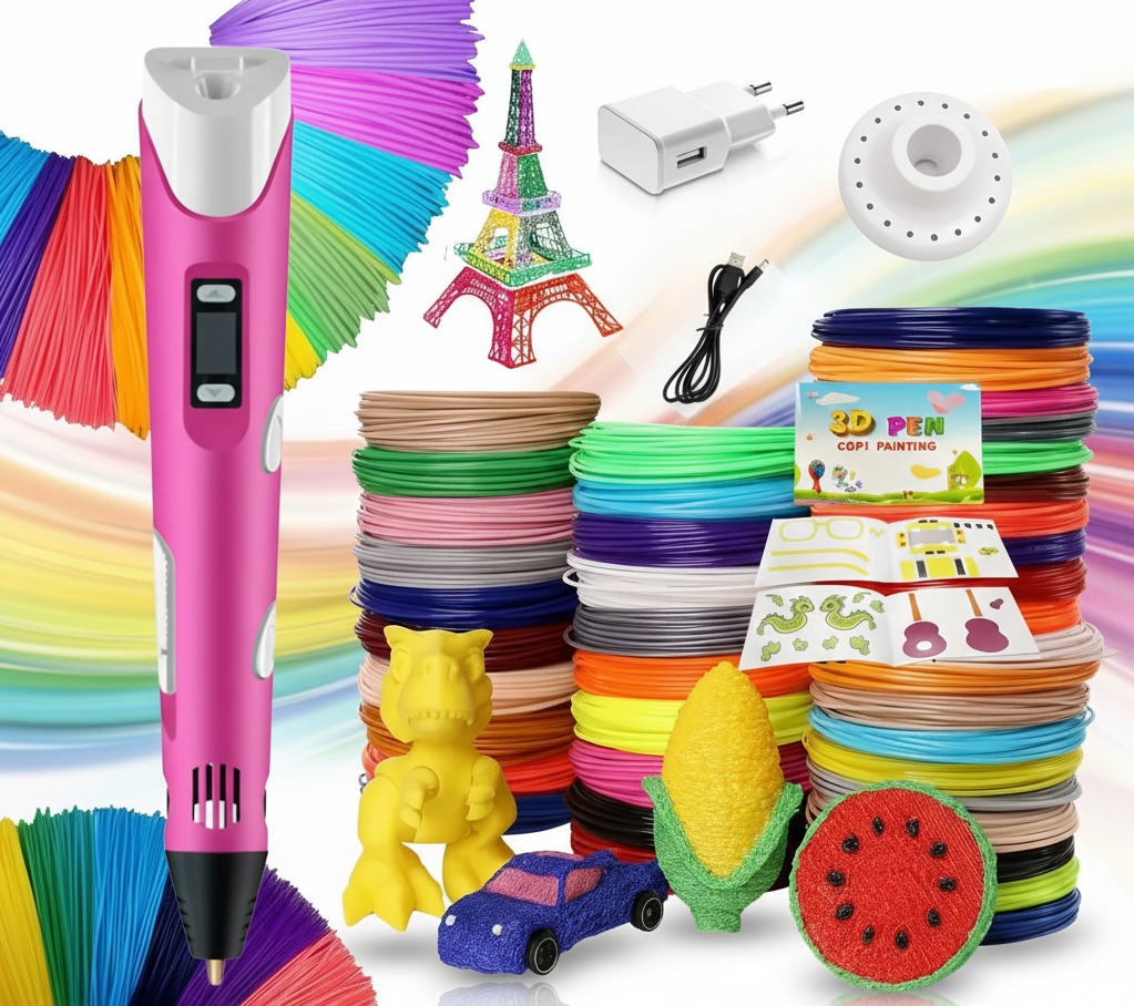 Długopis 3D Drukarka Zestaw XXL Wkłady 110 Metrów Szablony Zasilacz