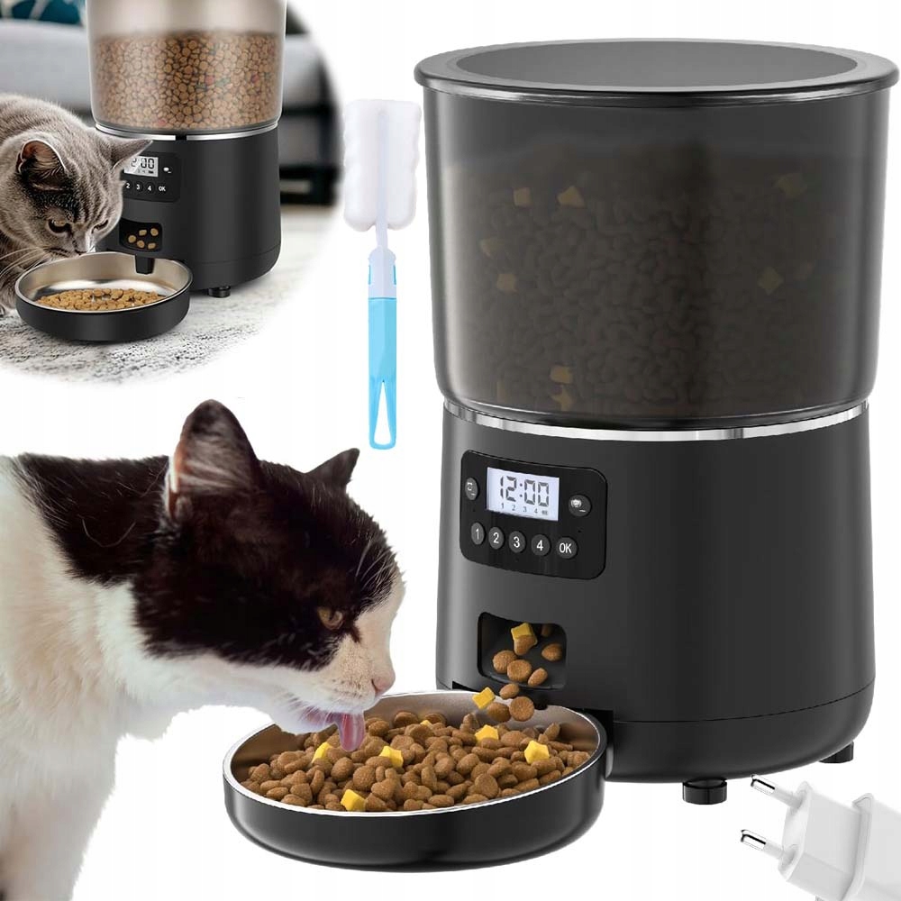 Levně Podavač Miska 4L Automatický Dávkovač Suchého Krmiva Pro Psa Kočku Odnímatelný