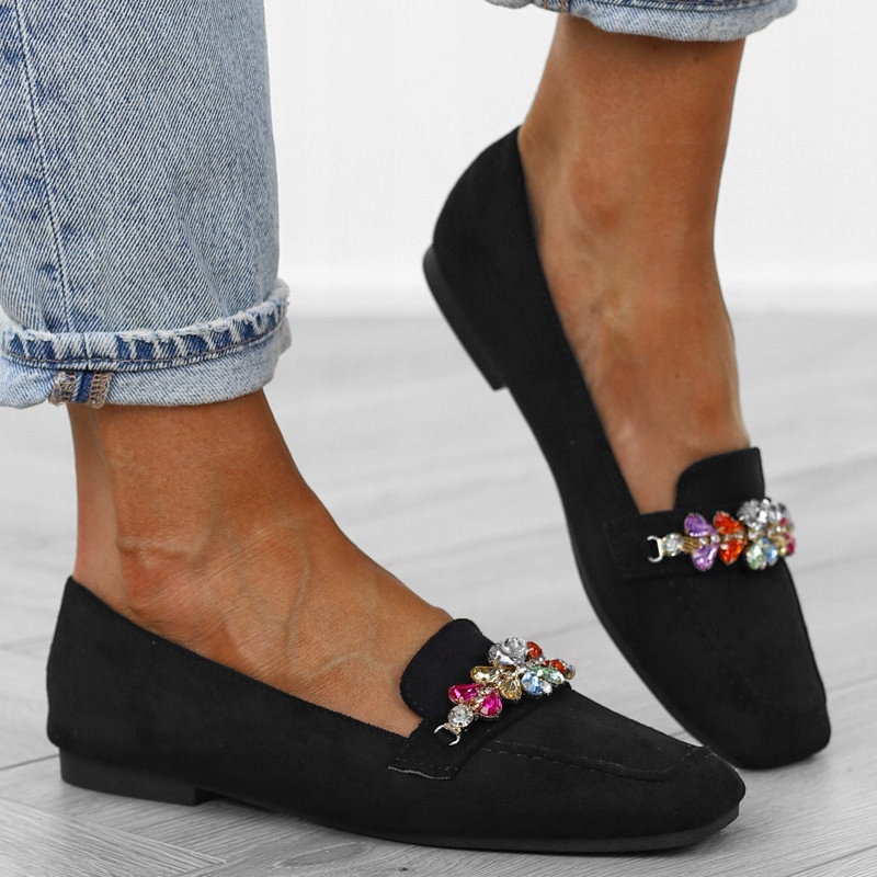 Czarne mokasyny damskie zamszowe kamienie miękkie