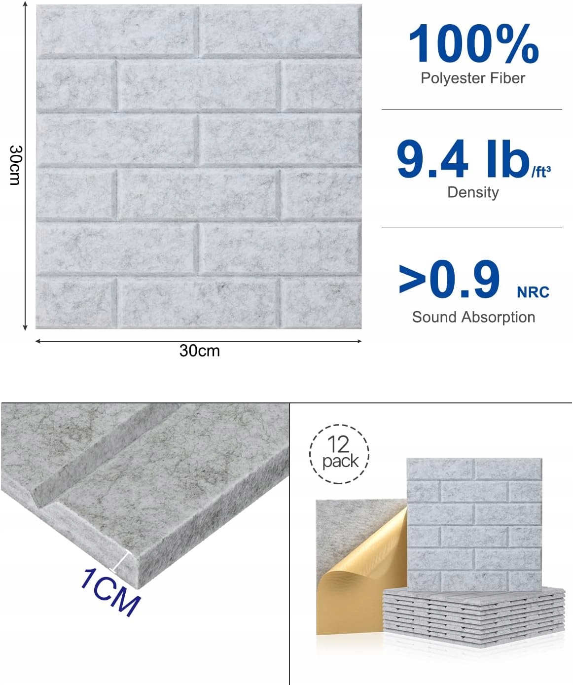 Panele Akustyczne Cegiełki Wygłuszające 12X 30X30X0,9 Samoprzylepne Szare
