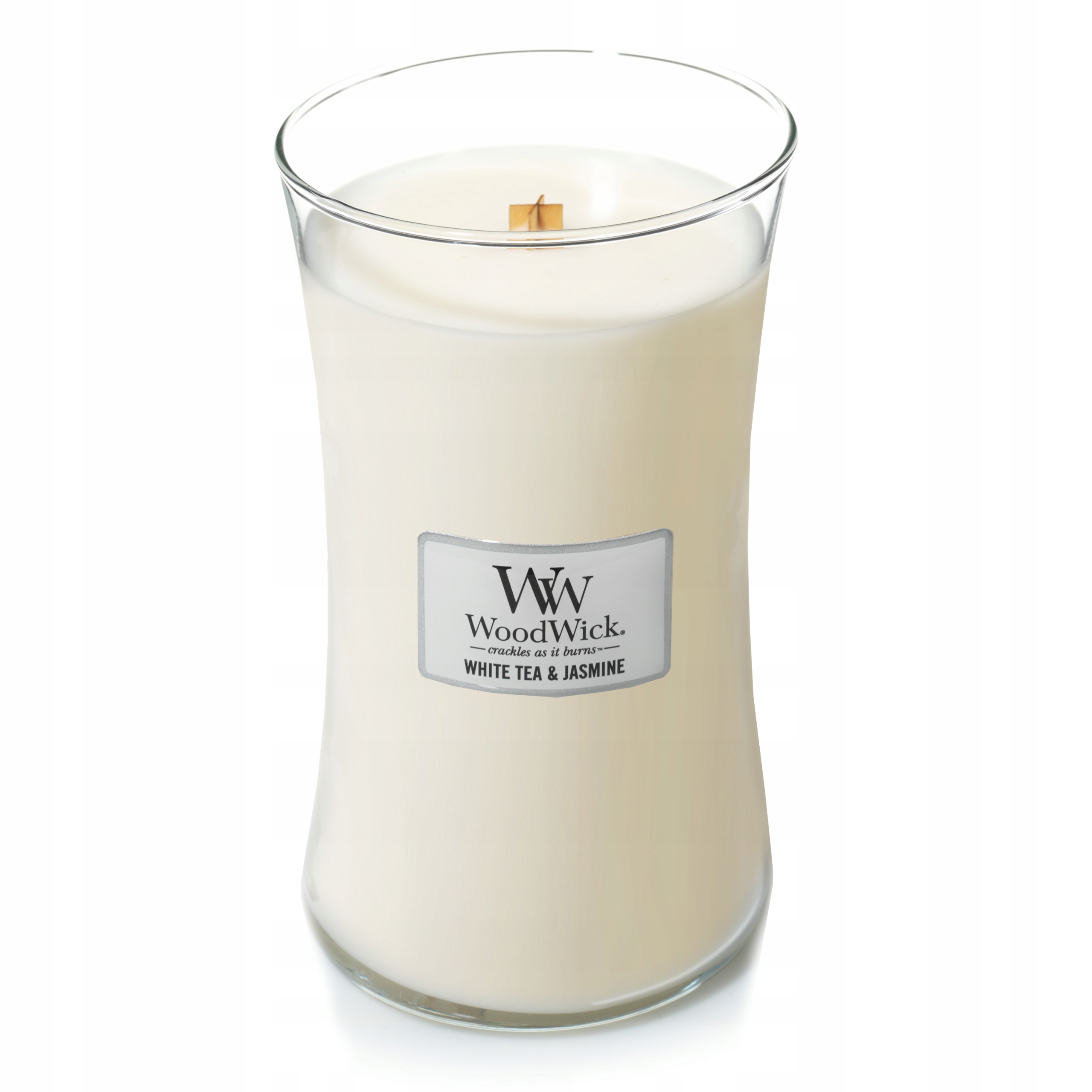 WoodWick vonná svíčka s dřevěným knotem velká White Tea & Jasmine 610 g