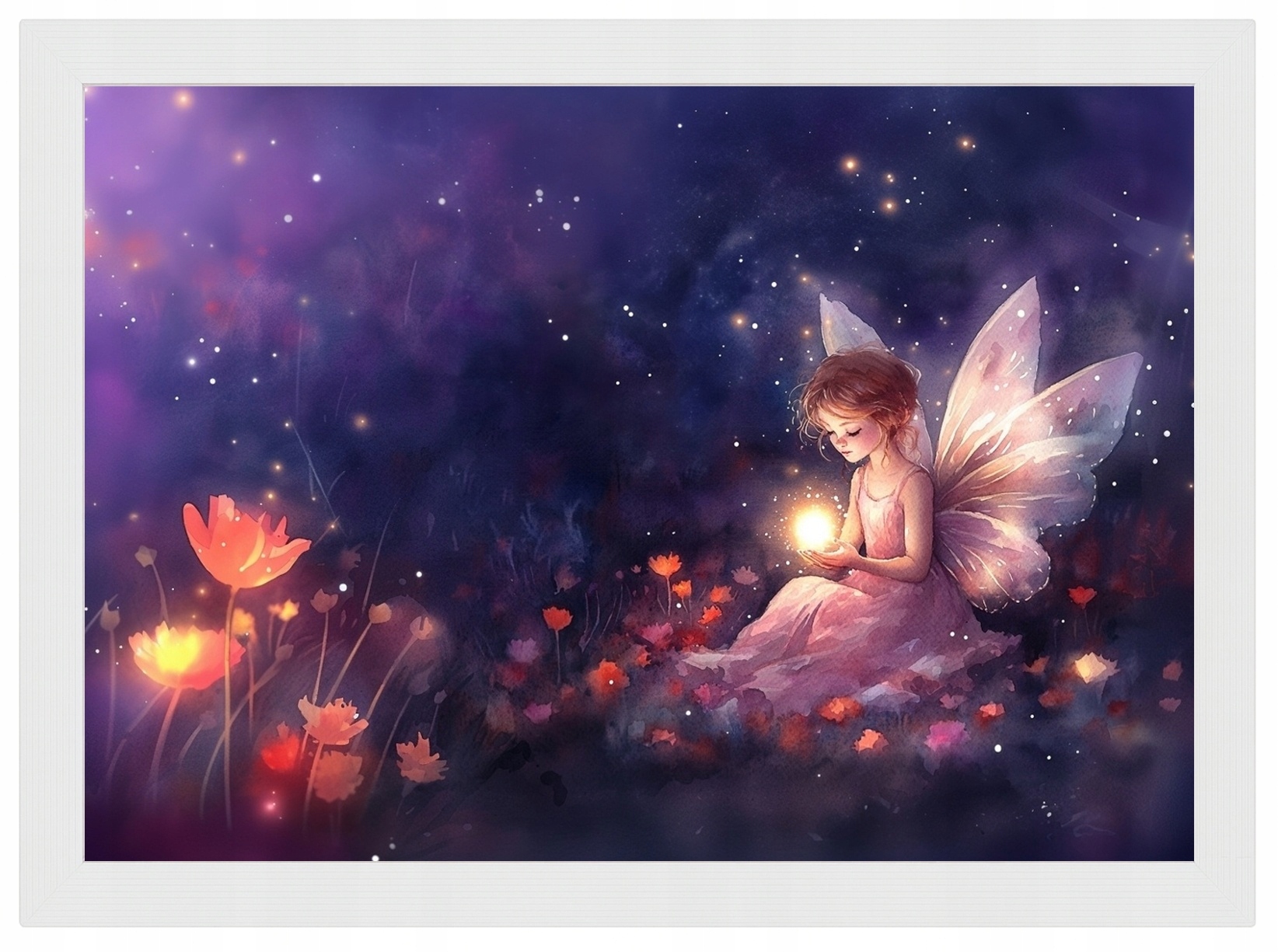 Plakát Rámeček Dřevo Děti Dívka Víla Motýl Květy Kouzla 100x70
