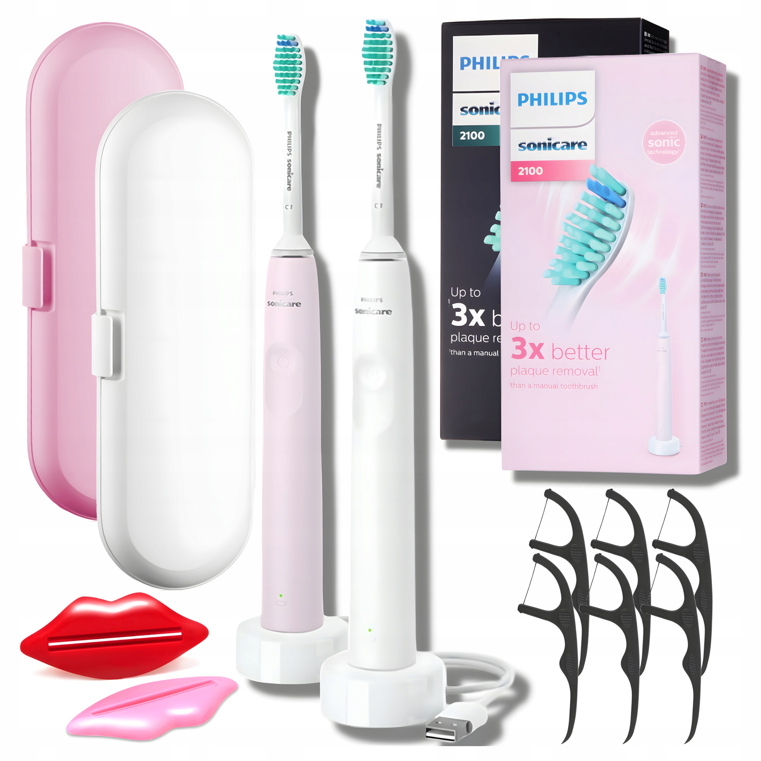 2x Szczoteczka Soniczna Philips HX3651 Biała Różowa, Zestaw z Etui