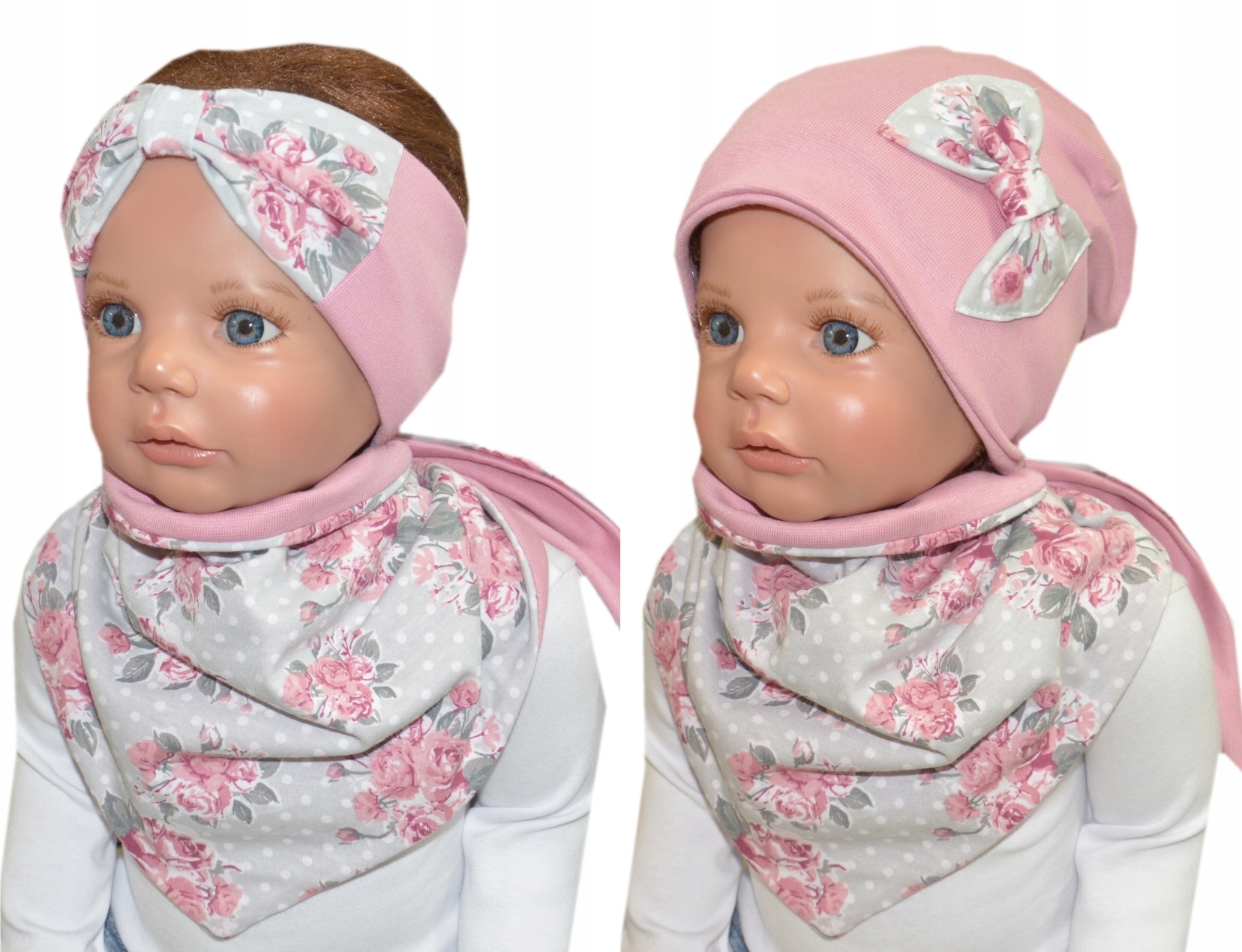 

czapka chusta opaska 50-54cm 4-10l róże kropki