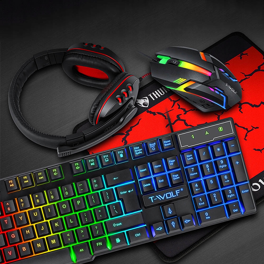 ZESTAW GAMINGOWY KLAWIATURA MYSZ SŁUCHAWKI PODKŁADKA POD MYSZKĘ DLA GRACZY Interfejs USB