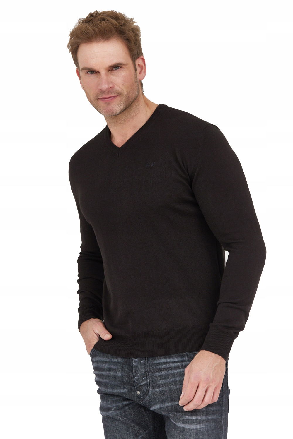 La Martina Černý pánský svetr s vlnou a XXL vzorem