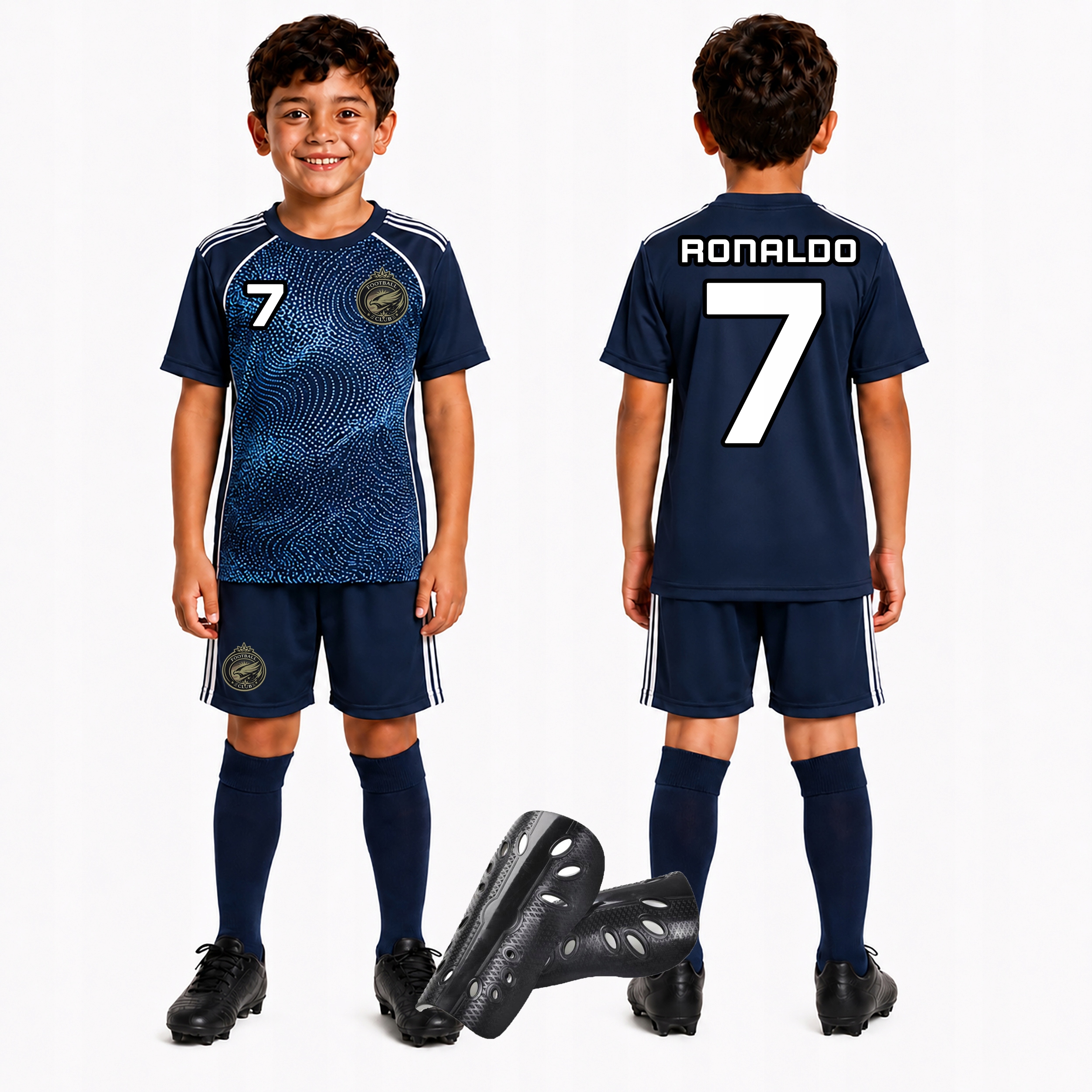 strój piłkarski dla dzieci z napisem Ronaldo getry ochraniacze r 158