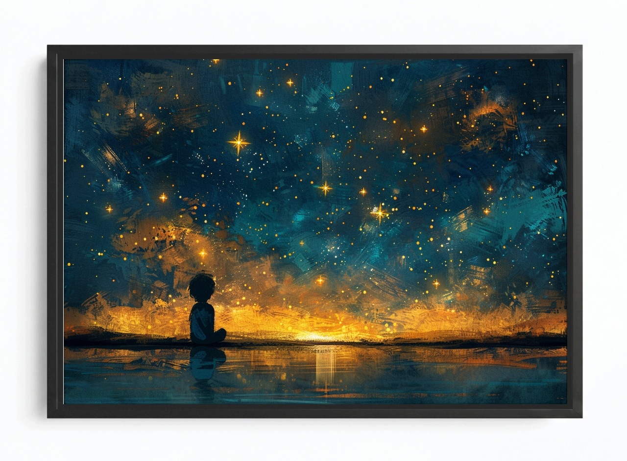 Obraz Rám Americký Box Dítě Astronom Noc Nebe Hvězdy Sen Magie 60x40
