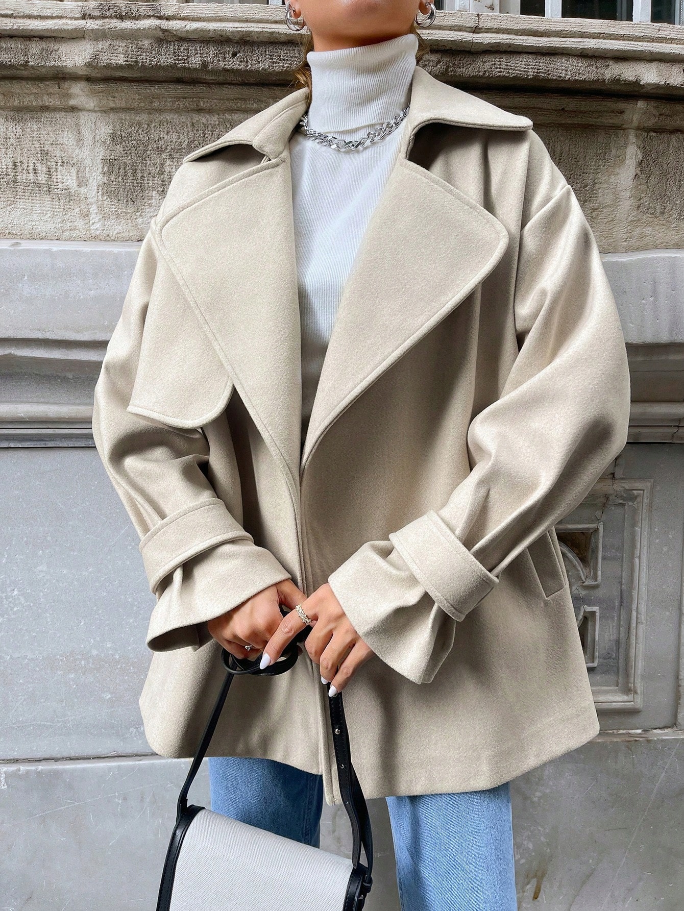 Dámský Bavlněný Oversize Kabát S Límečkem, Béžový, Casual, Velikost L