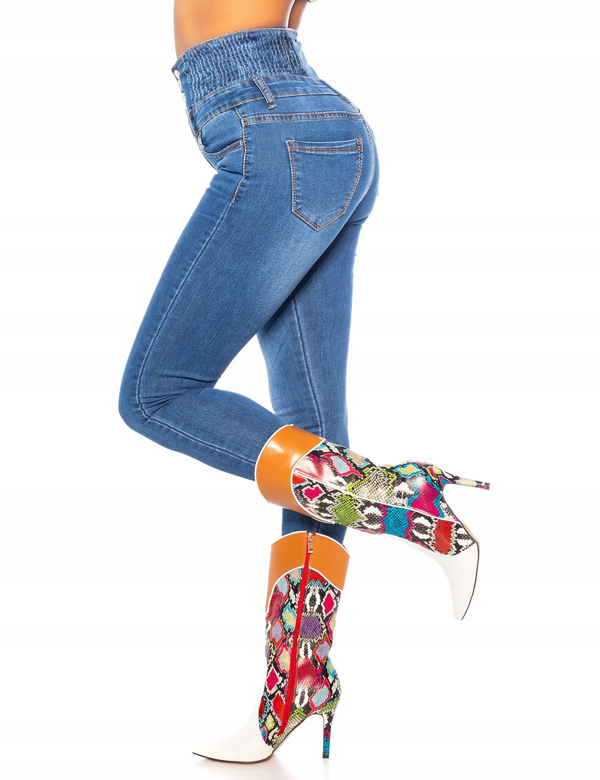 SPODNIE WYSOKI STAN MODELUJĄCE SZEROKI PAS JEANS Zapięcie guziki