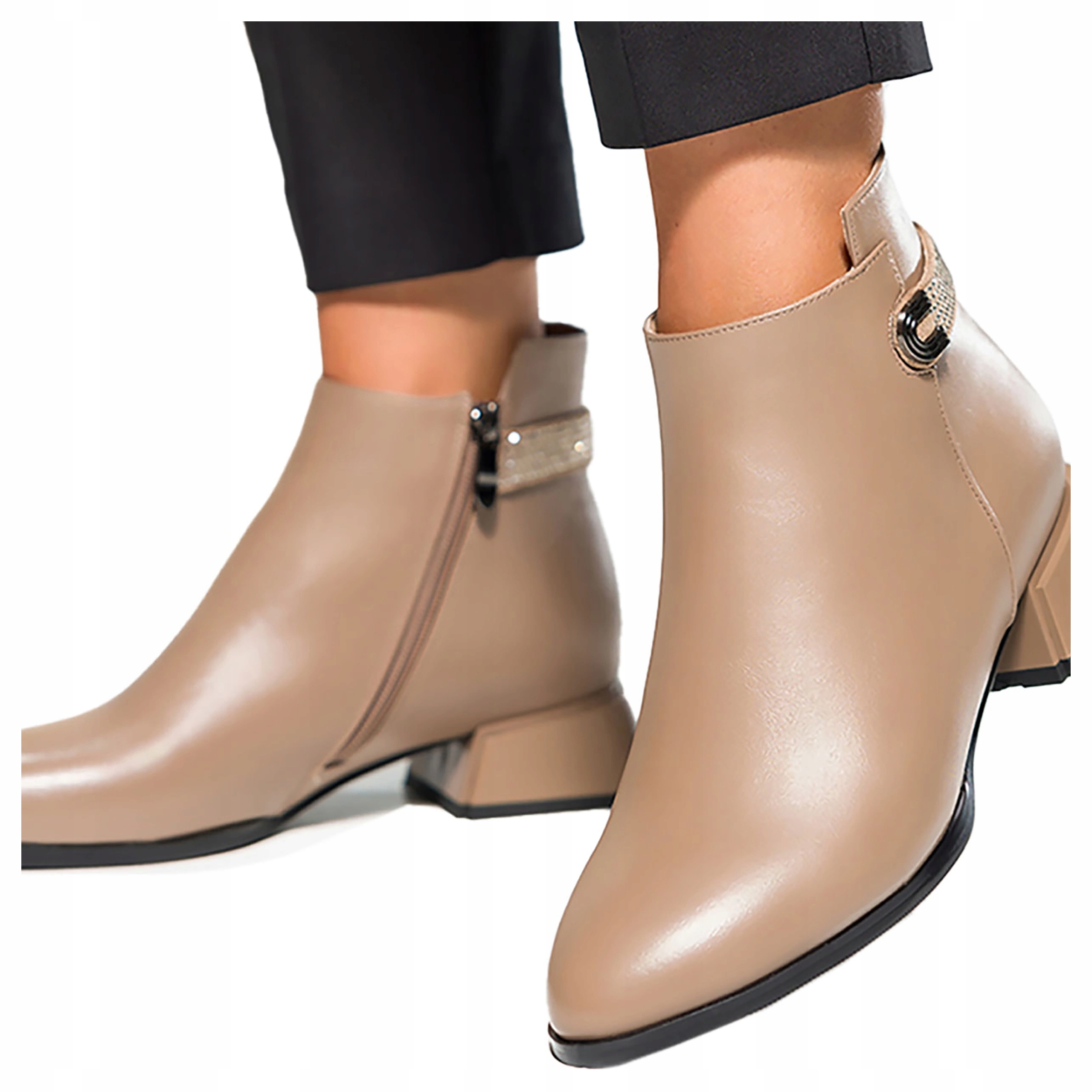 Béžové Dámské Kotníkové Boty Na ozdobném bloku Módní Pásek se zirkony vel. 37
