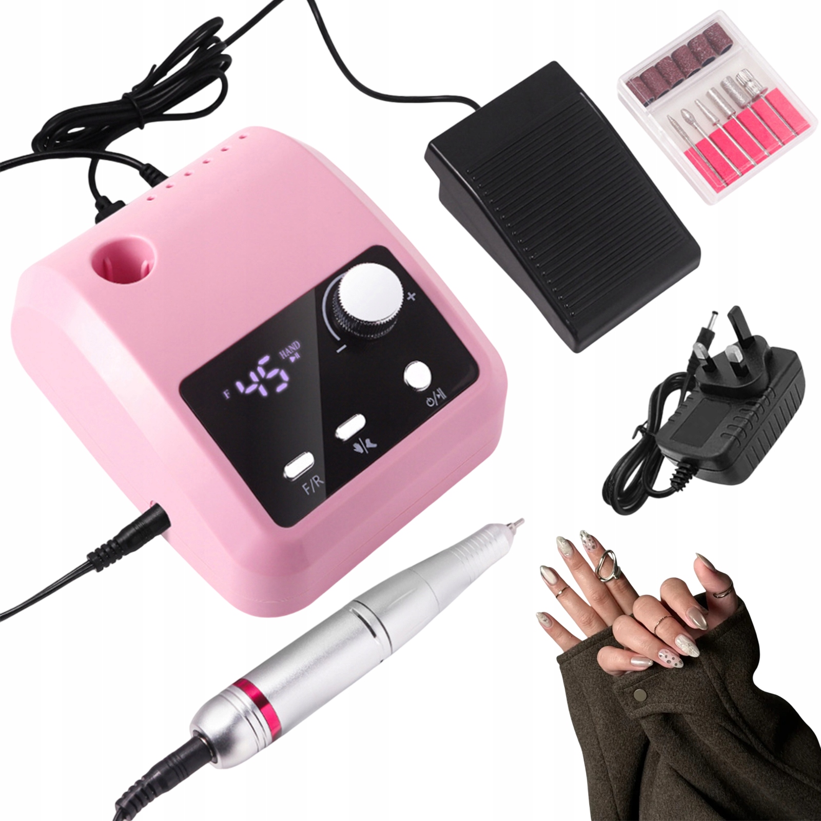 Bruska Na Nehty 45000RPM Profesionální S Pedálem A Frézkami, Růžová