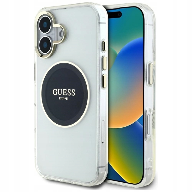 Guess IML Metal Circle MagSafe pouzdro pro iPhone 16, černé logo
