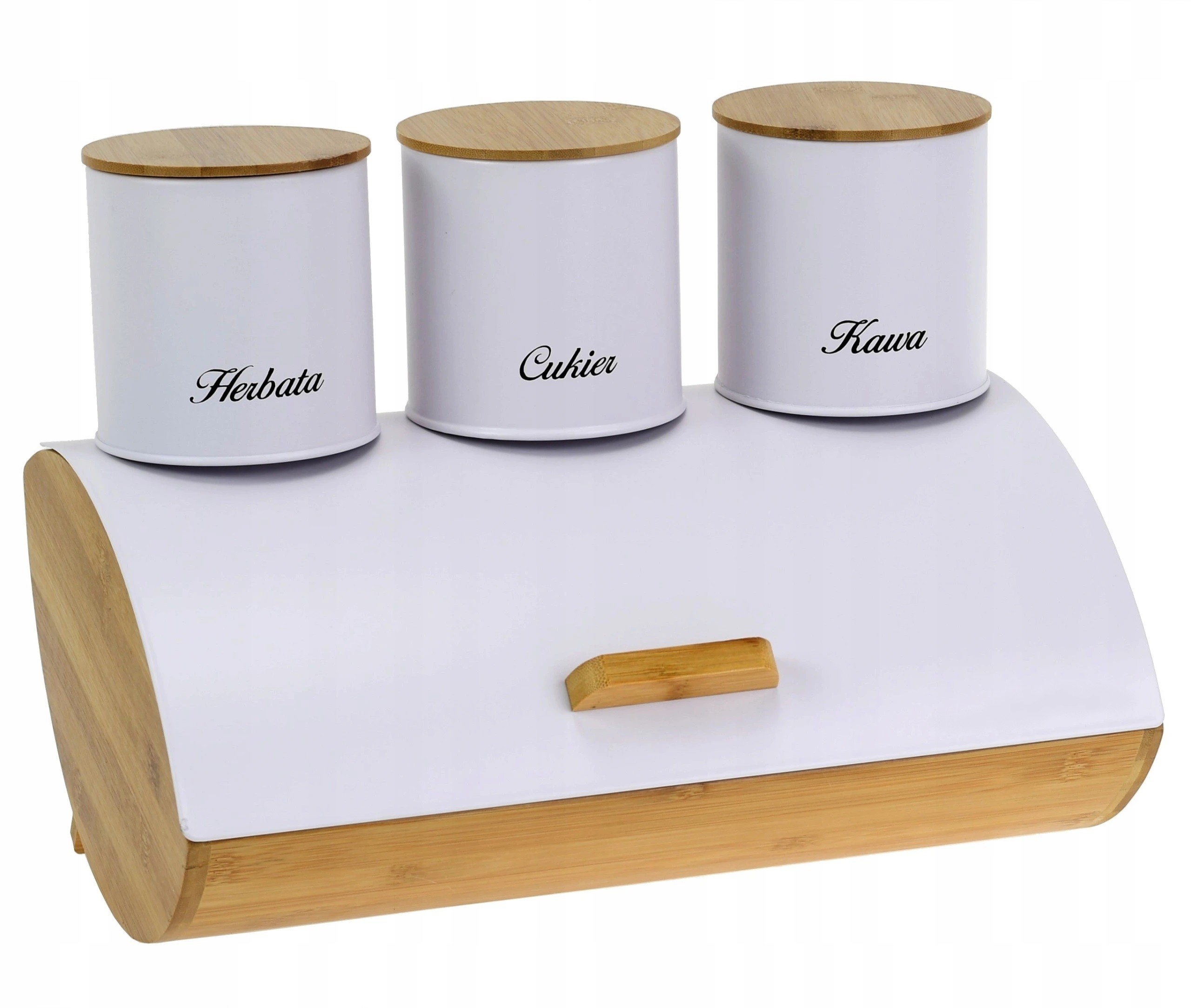 ZESTAW CHLEBAK + POJEMNIKI KAWA CUKIER HERBATA STALOWY BAMBUS CAPRI BIAŁY