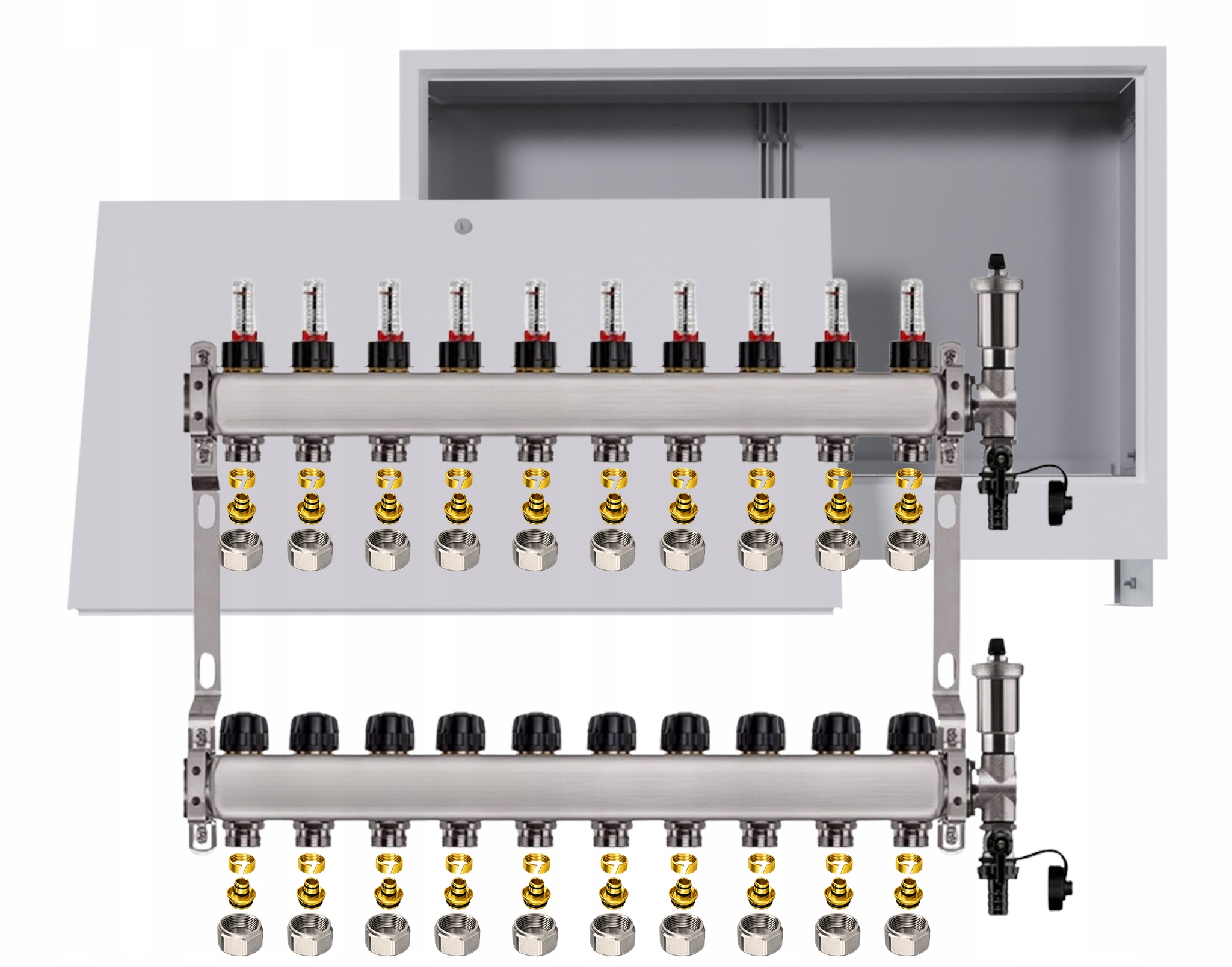 Nerezový rozdělovač pro podlahu 10 okruhů s podomítkovou schránkou Pex