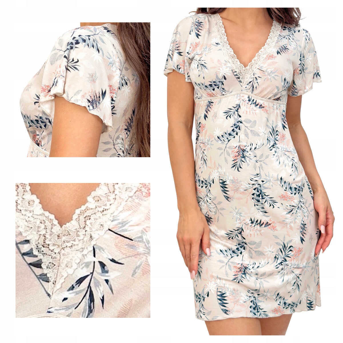 Donna Košile noční z viskózy s krátkým rukávem, krajka Goya béžová M