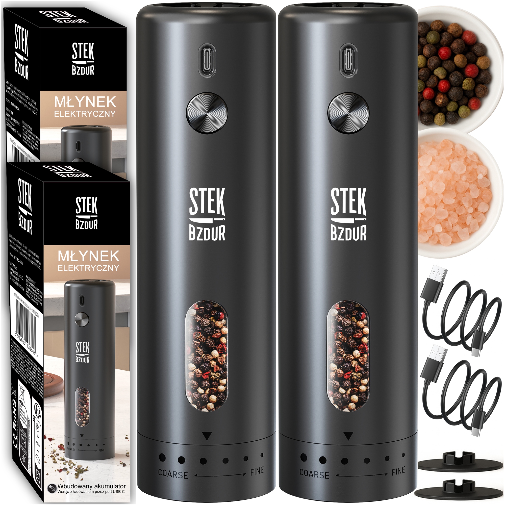 2x Elektryczny Młynek do Mielenia Pieprzu i Soli Akumulator Usb Ceramiczny