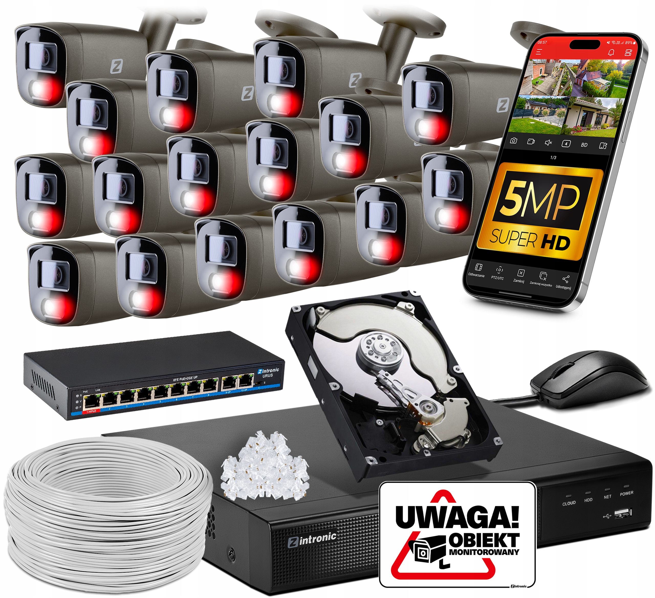 Monitorovací sada 16 kamer 5MPx Ip Poe 1TB Šedá Náhled Aplikace Switch