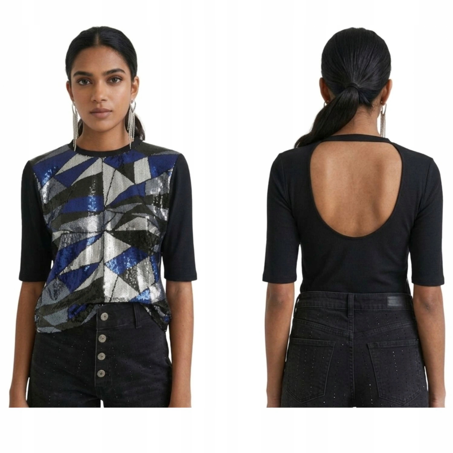 Dámská halenka Desigual Mirror flitry zadní část výstřih černá glamour vel. XL