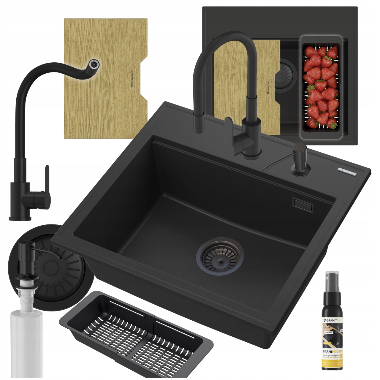 Granitový Dřez Černý Kohoutek Odkapávač Sifon Kuchyňský Set Foxal 7v1