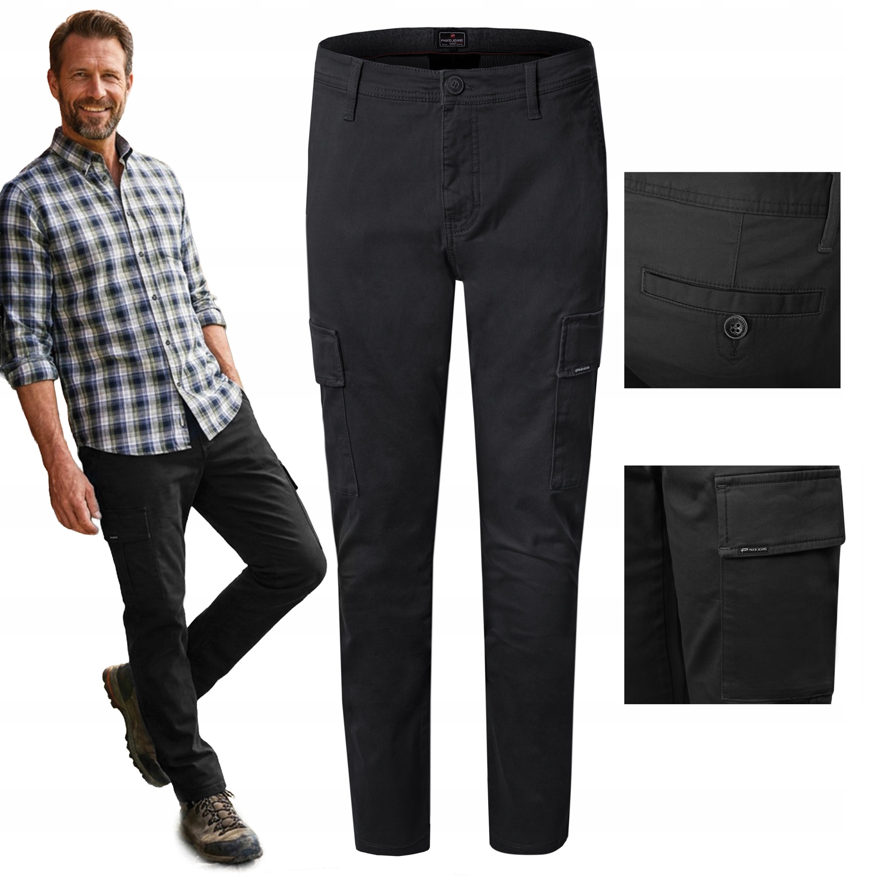 Pánské kalhoty s kapsami Cargo Černé Slim Fit W30/L32 Pako Jeans