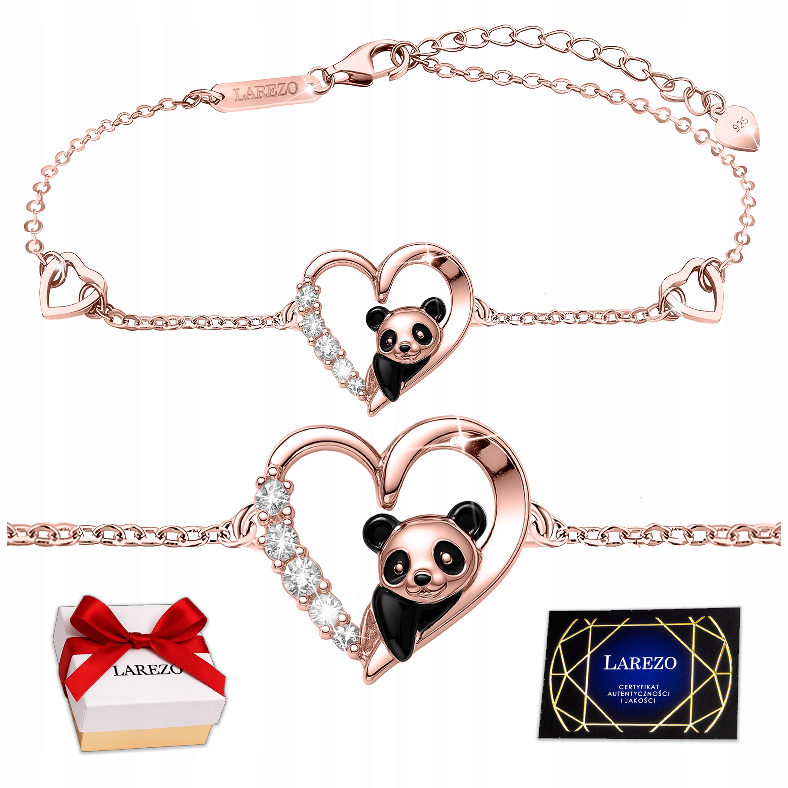 Pozlacený náramek se srdíčky a kubickými zirkony ve tvaru Panda Stříbro 925