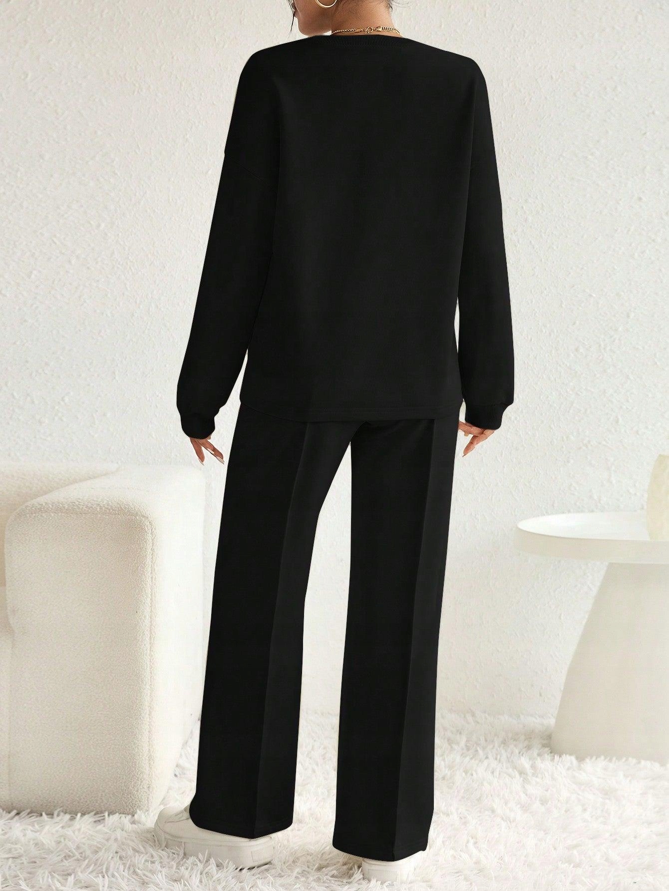 CZARNY KOMPLET CIĄŻOWY DRESOWY PROSTA BLUZA Z HAFTEM SPODNIE SHEIN 36 Rozmiar 36