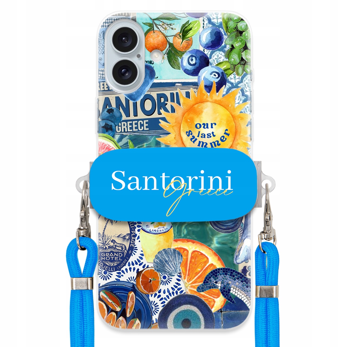 Puzdro pre iPHONE 16 Plus Modré Crossbody vodítko držiak Santorini Greece