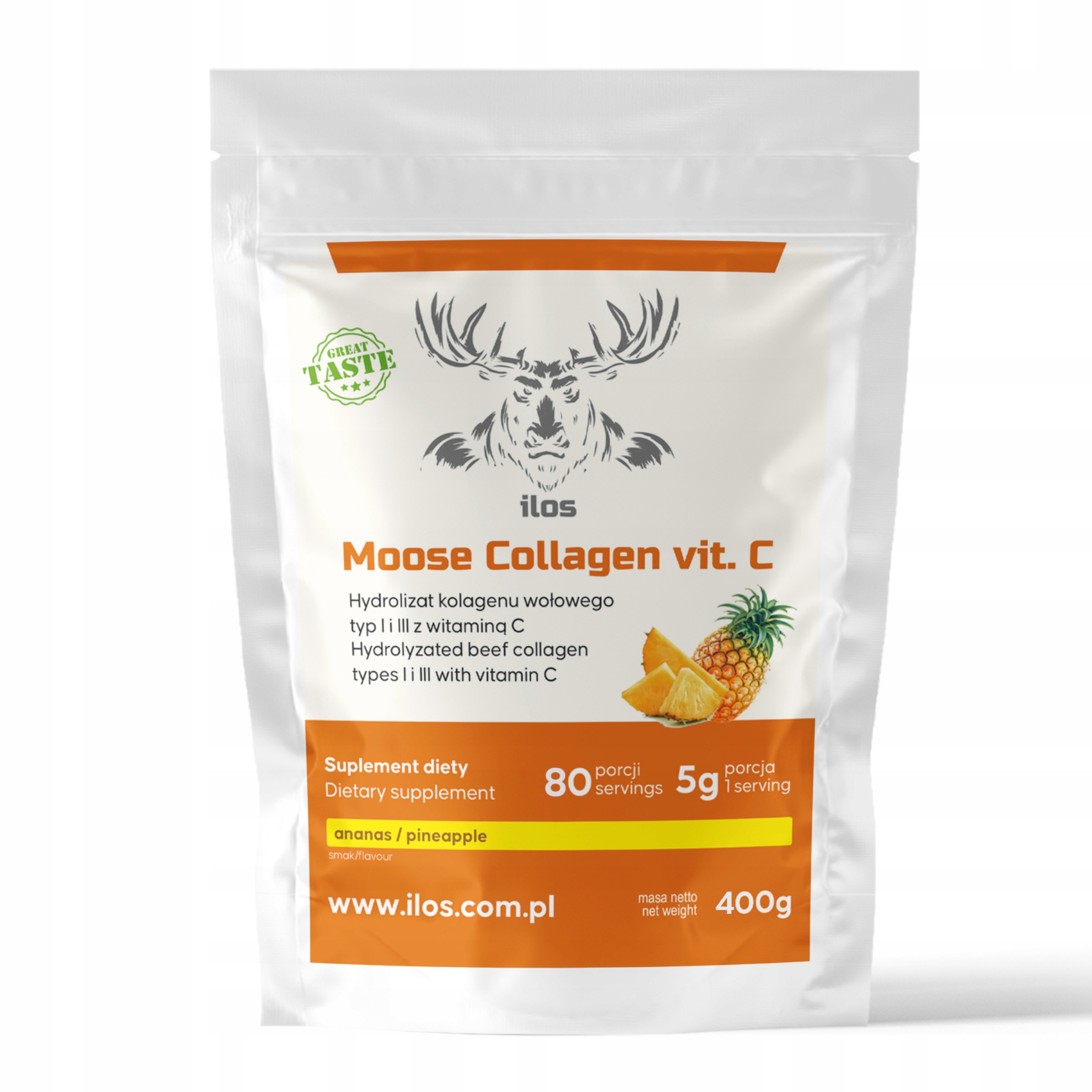 ilos MOOSE COLLAGEN KOLAGEN WOŁOWY TYP I i III z witamina C 400g ANANAS
