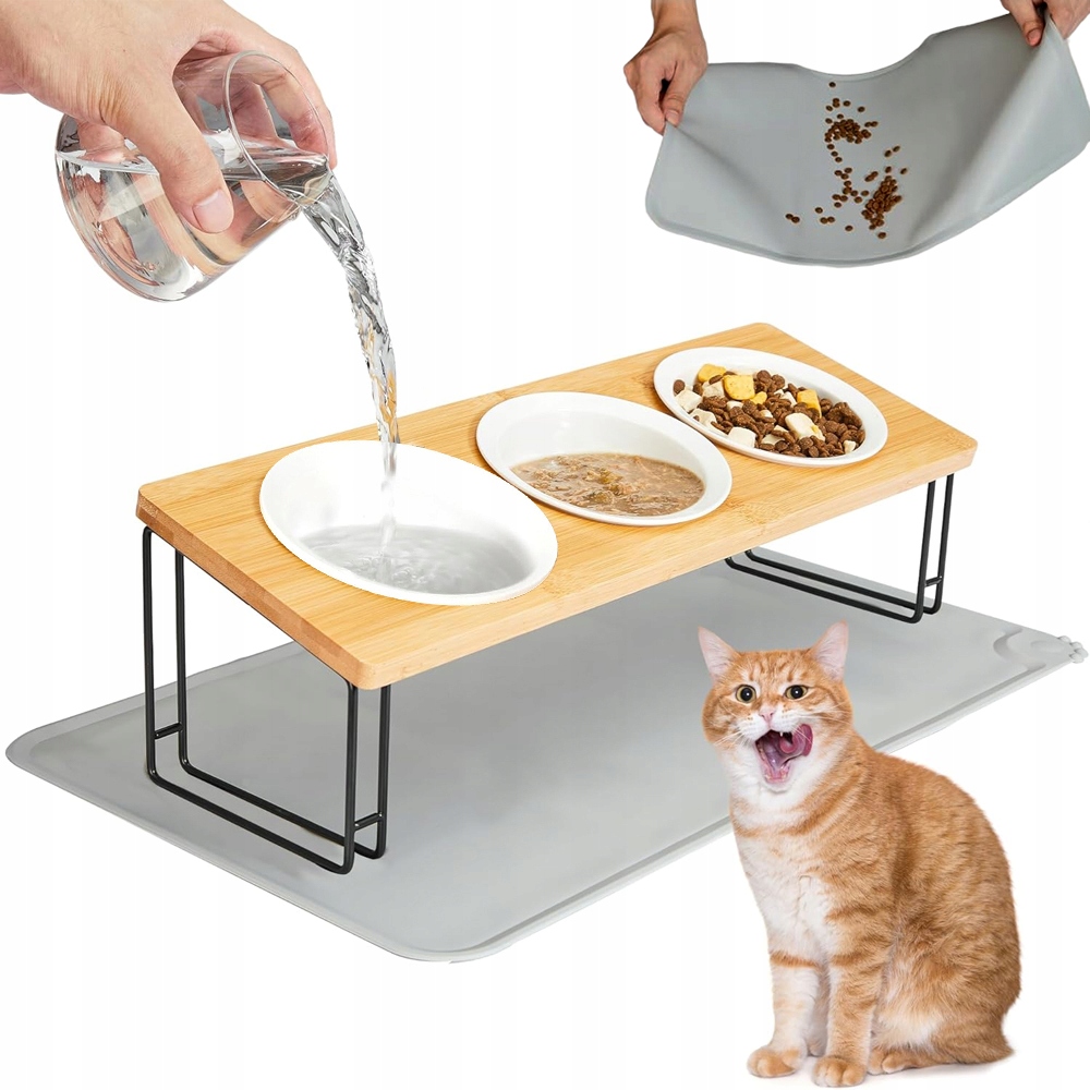 Levně 3 Sada Misek Pro Psa A Kočku S Silikonovou Podložkou Pod Misku A Policí, Bílá Barva