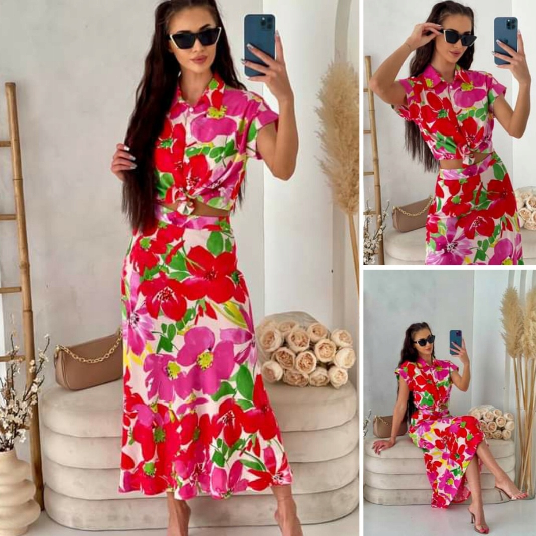 Béžový komplet s květinami Sukně+Bluzka 0974-0864 velikost L