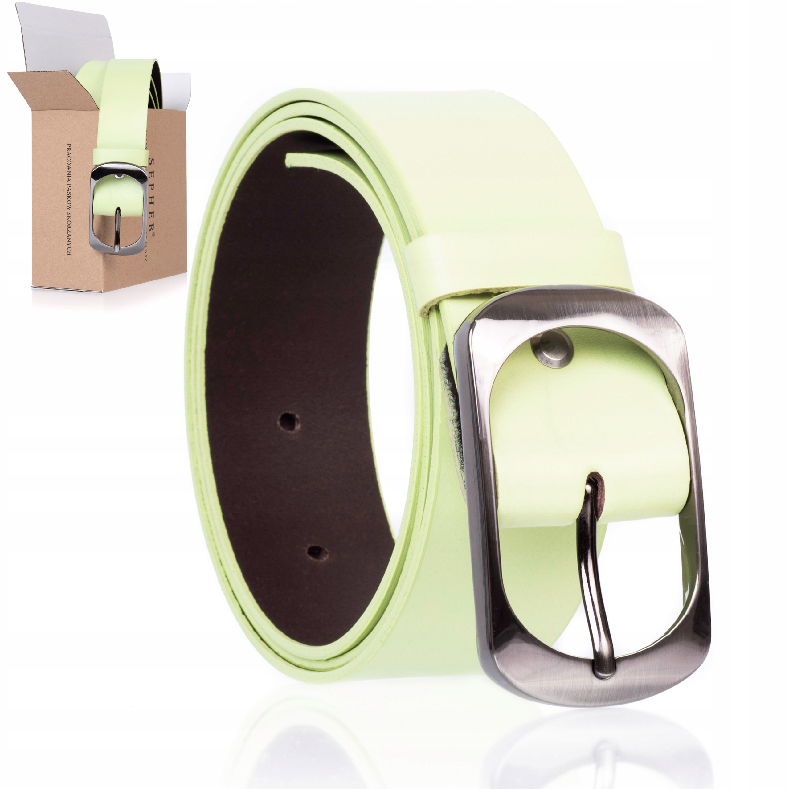 

Pasek Skórzany Sepher szeroki 4cm Miętowy spodni