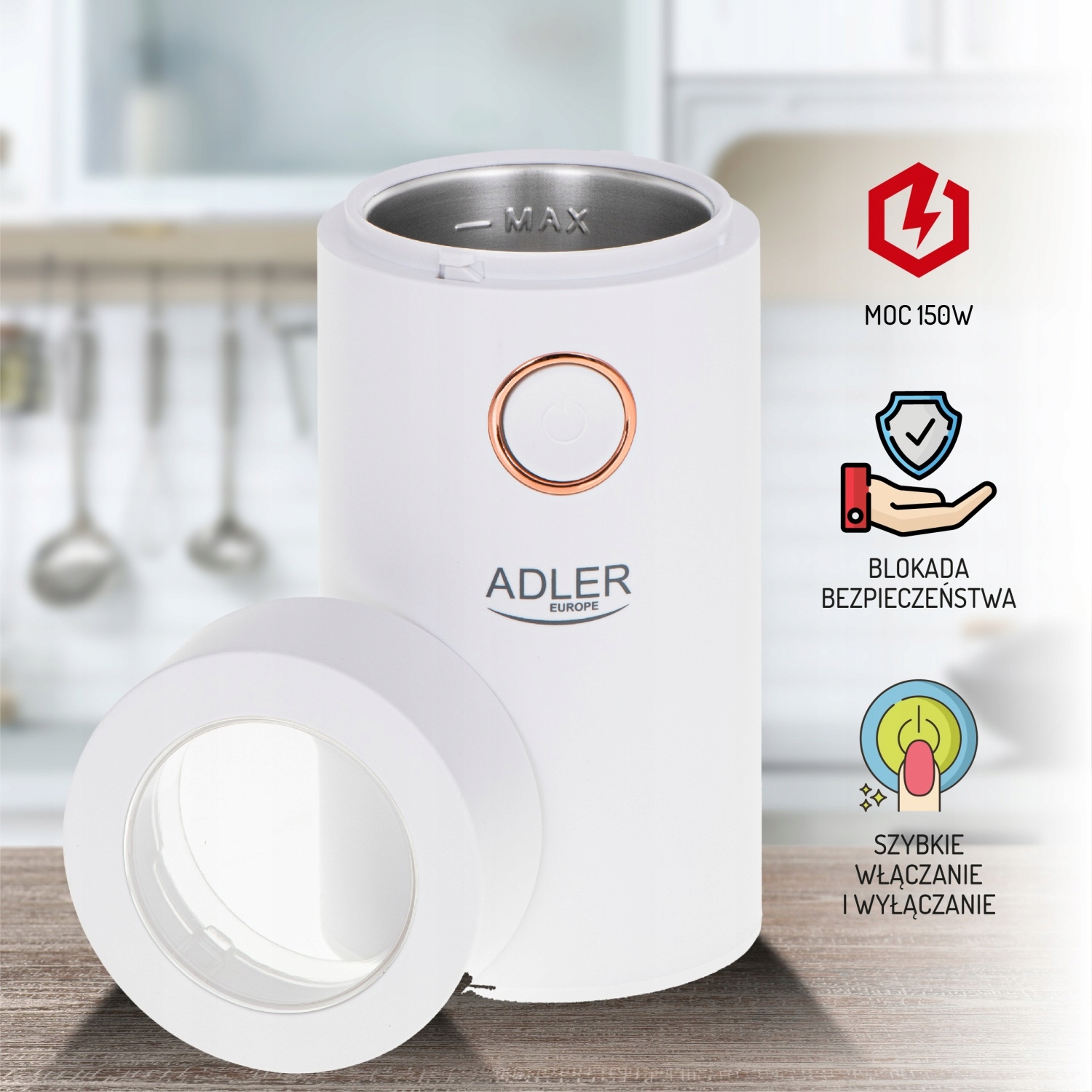 Młynek do kawy Adler AD 4446 White Gold 150W Metalowy Pojemnik