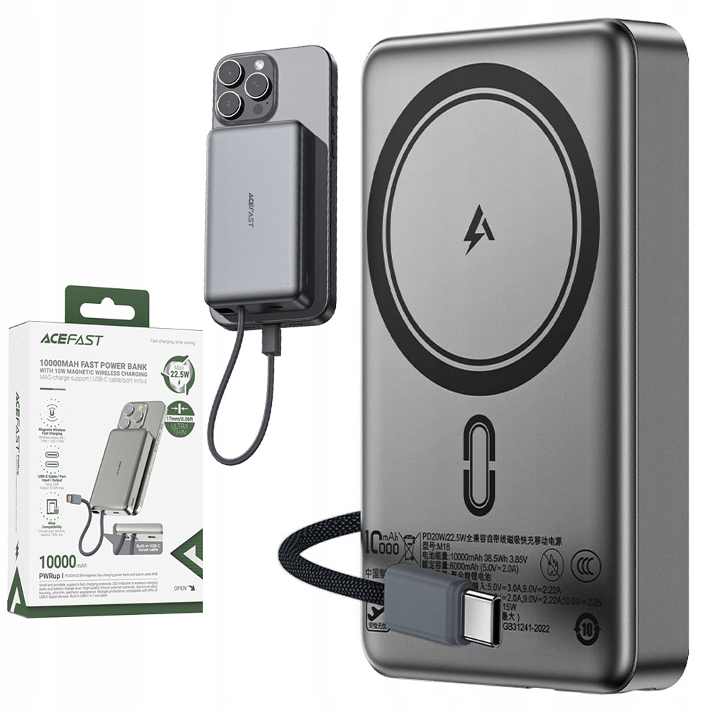 AceFast bezdrátová powerbanka pro MagSafe s kabelem Usb-c 10000 mAh Qc PD3.0