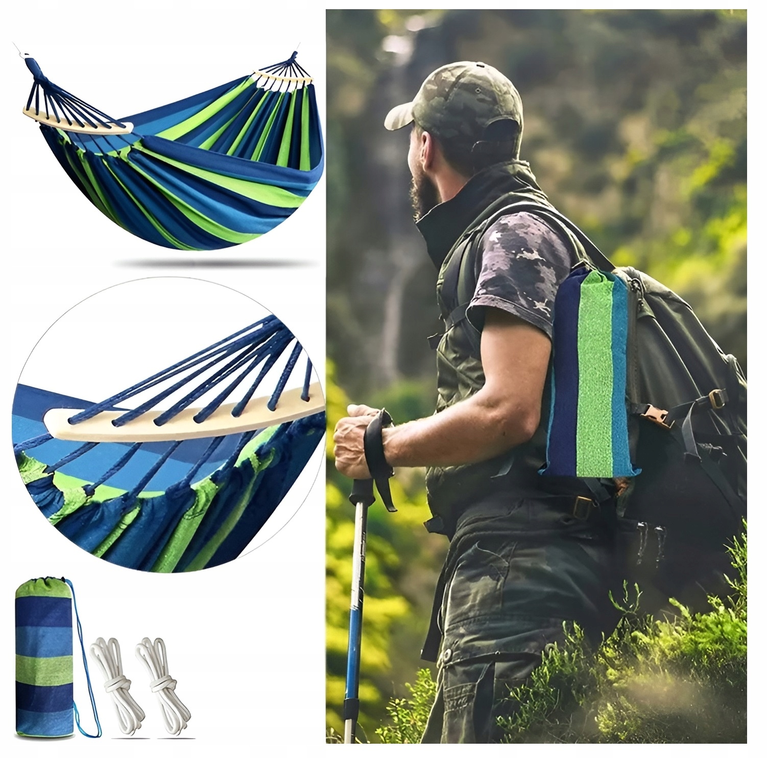 velmi silná turistická houpací síť s tyčí xxxl 220 kg obal modrá