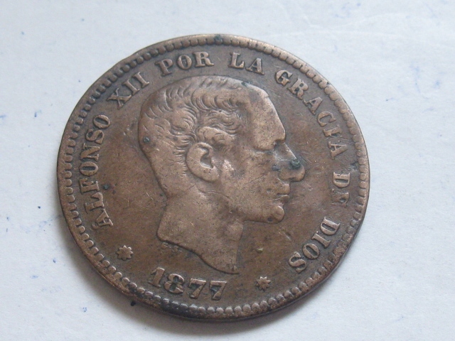 nr2131 Hiszpania Stara Moneta 5 Centimos 1877