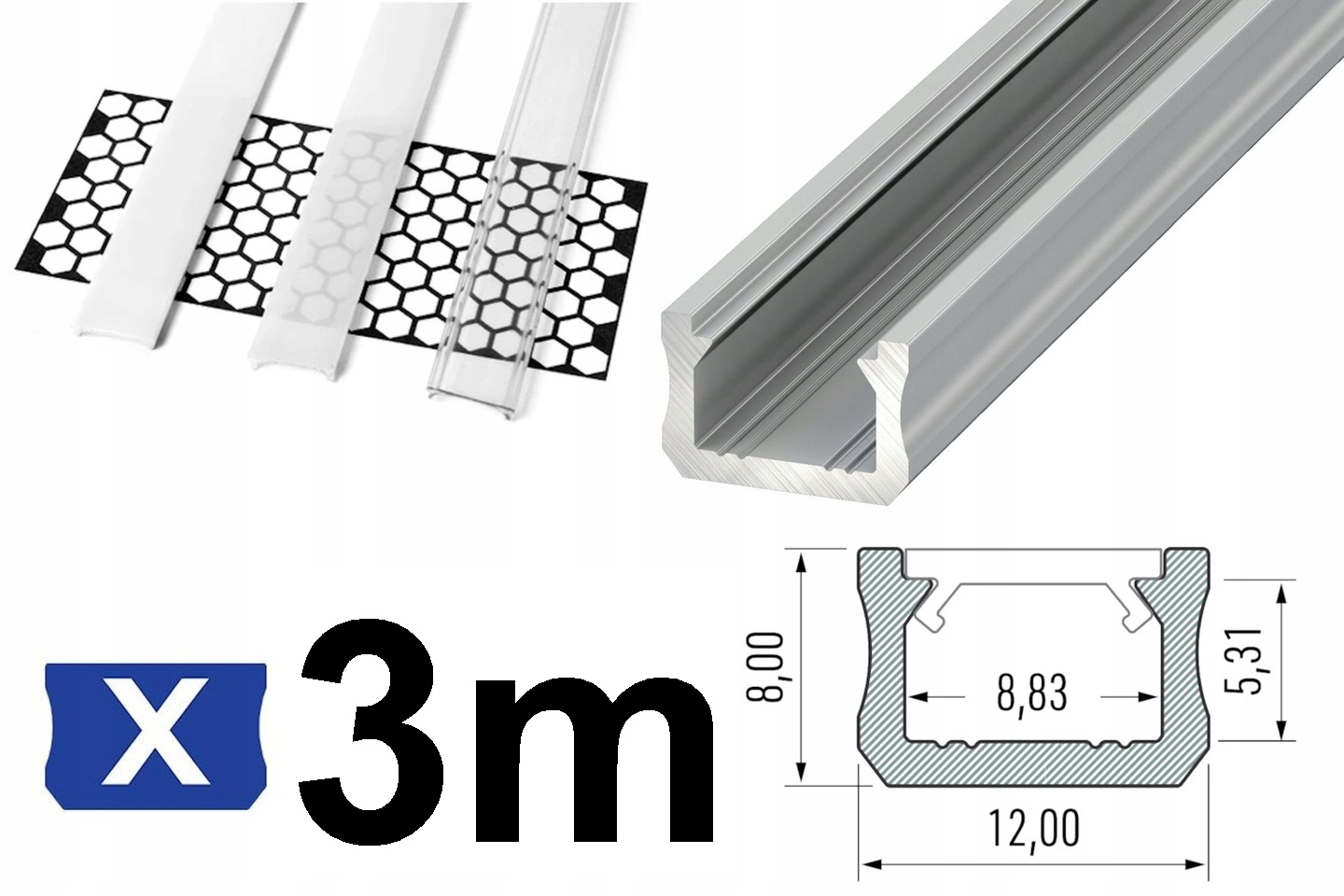PROFIL DO TAŚMY LED WĄSKI 12mm X 3m SREBRNY +KLOSZ