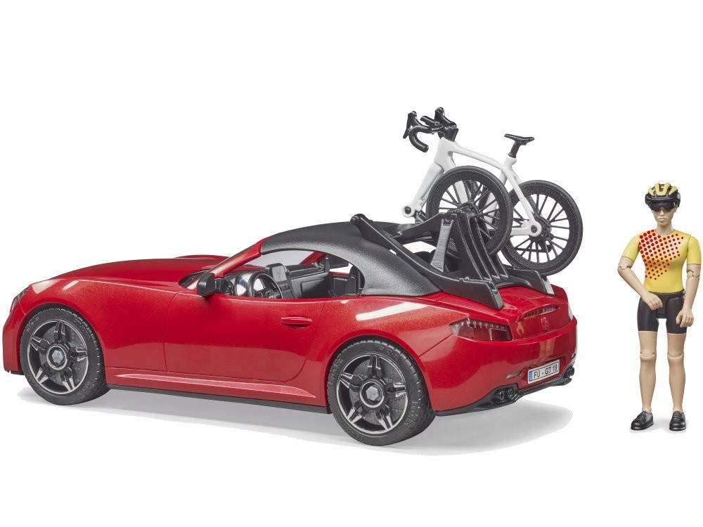 Bruder 03485 Auto Roadster z figurką i rowerem Kolor dominujący odcienie czerwieni