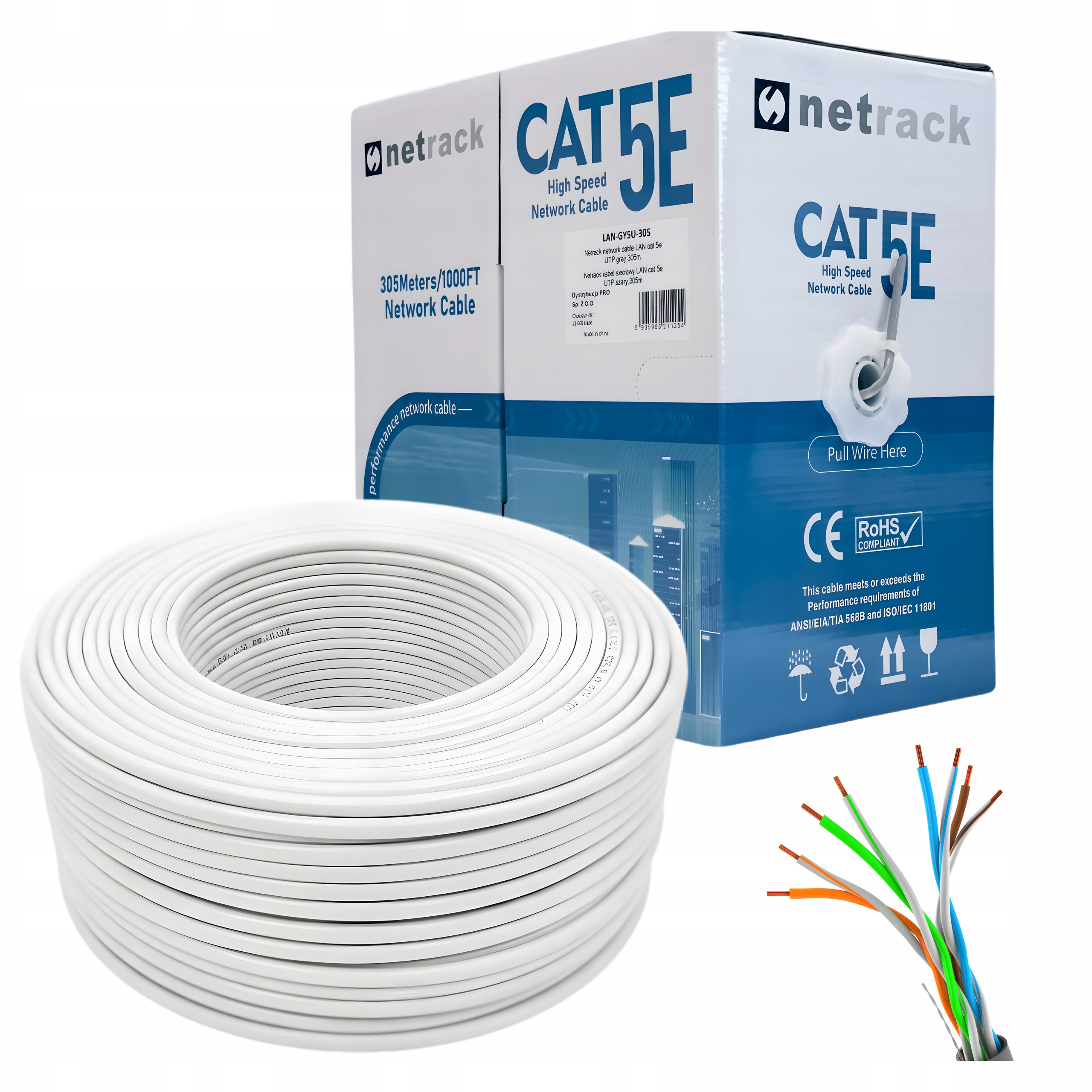 Kabel sieciowy skrętka Lan kat. 5e Utp 305m Cu 100% Miedź Netrack biały