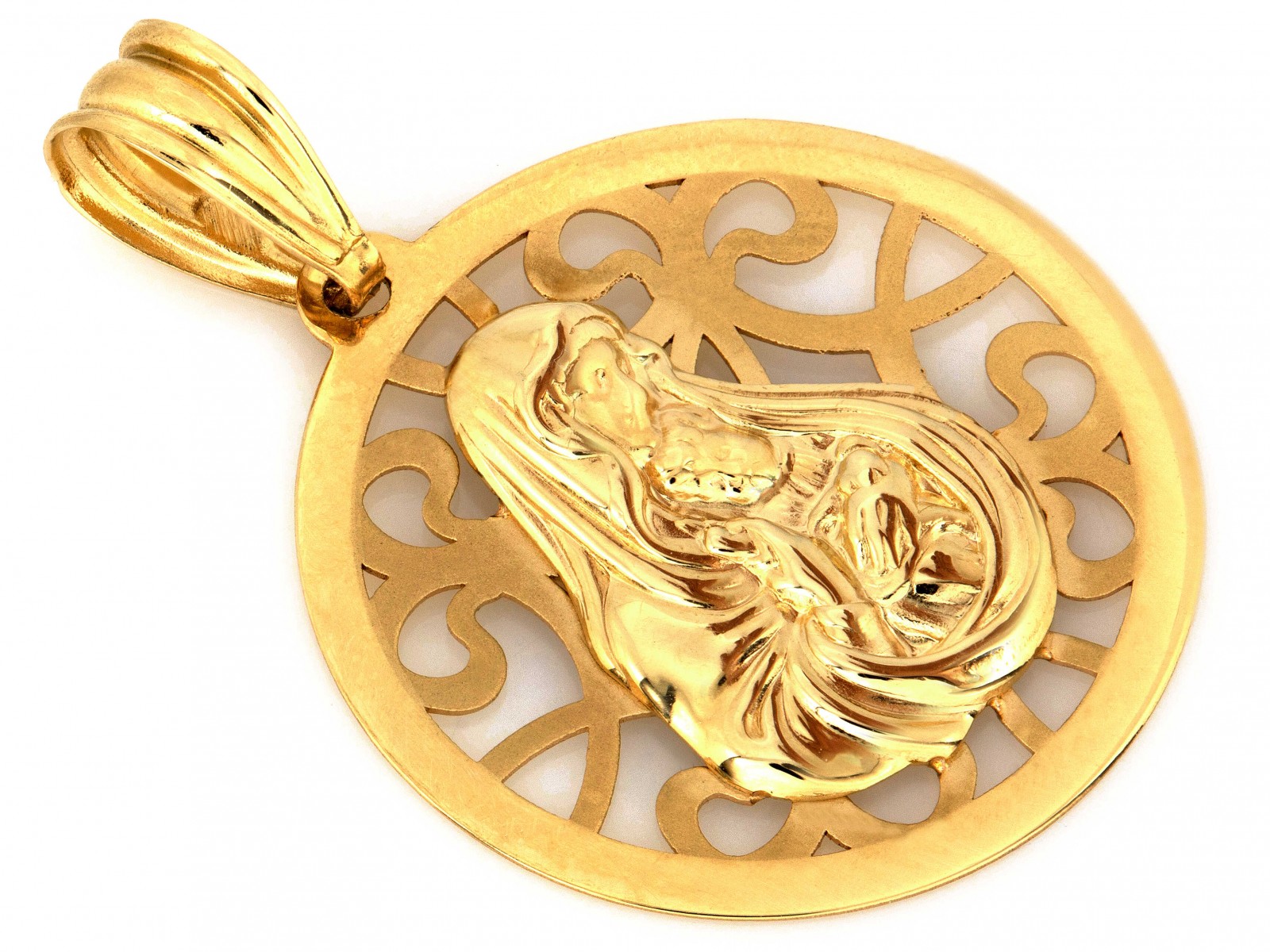 Zlatý kulatý Prolamovaný medailon 585 Matka Boží s dítětem 1,14g dárek