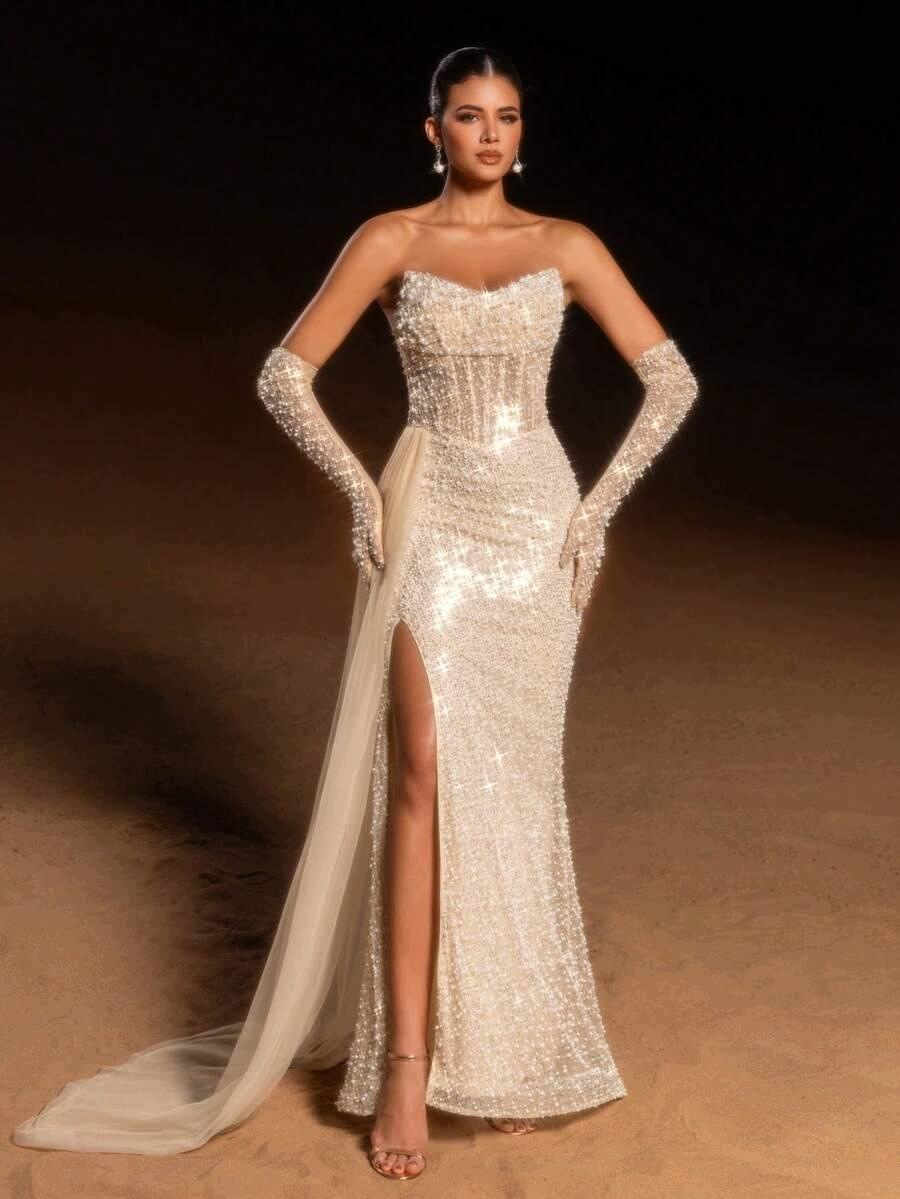 Béžové Šaty Maxi Glamour Ozdobné Flitry Korálky Faeriesty 44