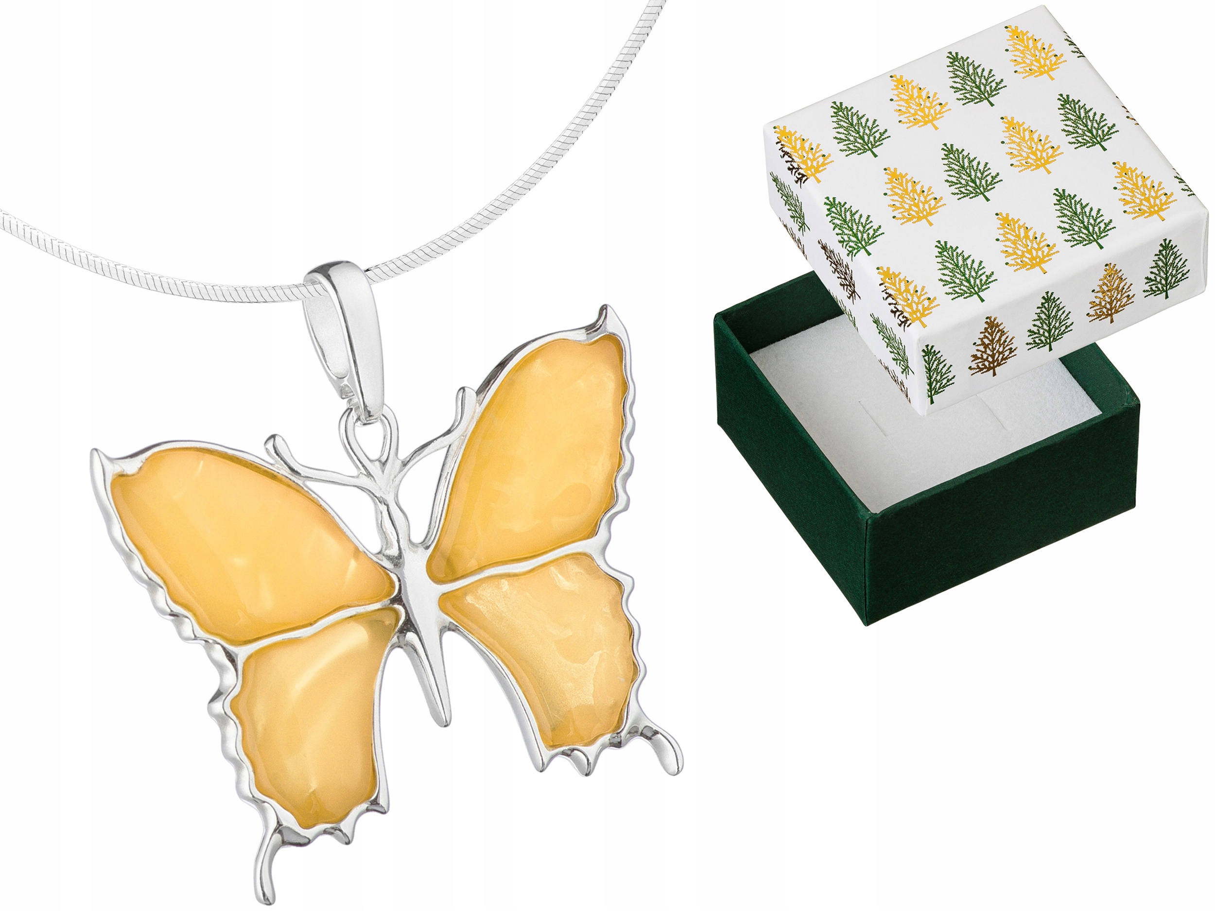 Stříbrný náhrdelník Motýl Přívěsek Jantarem Přívěsek Motýlek Řetízek 45