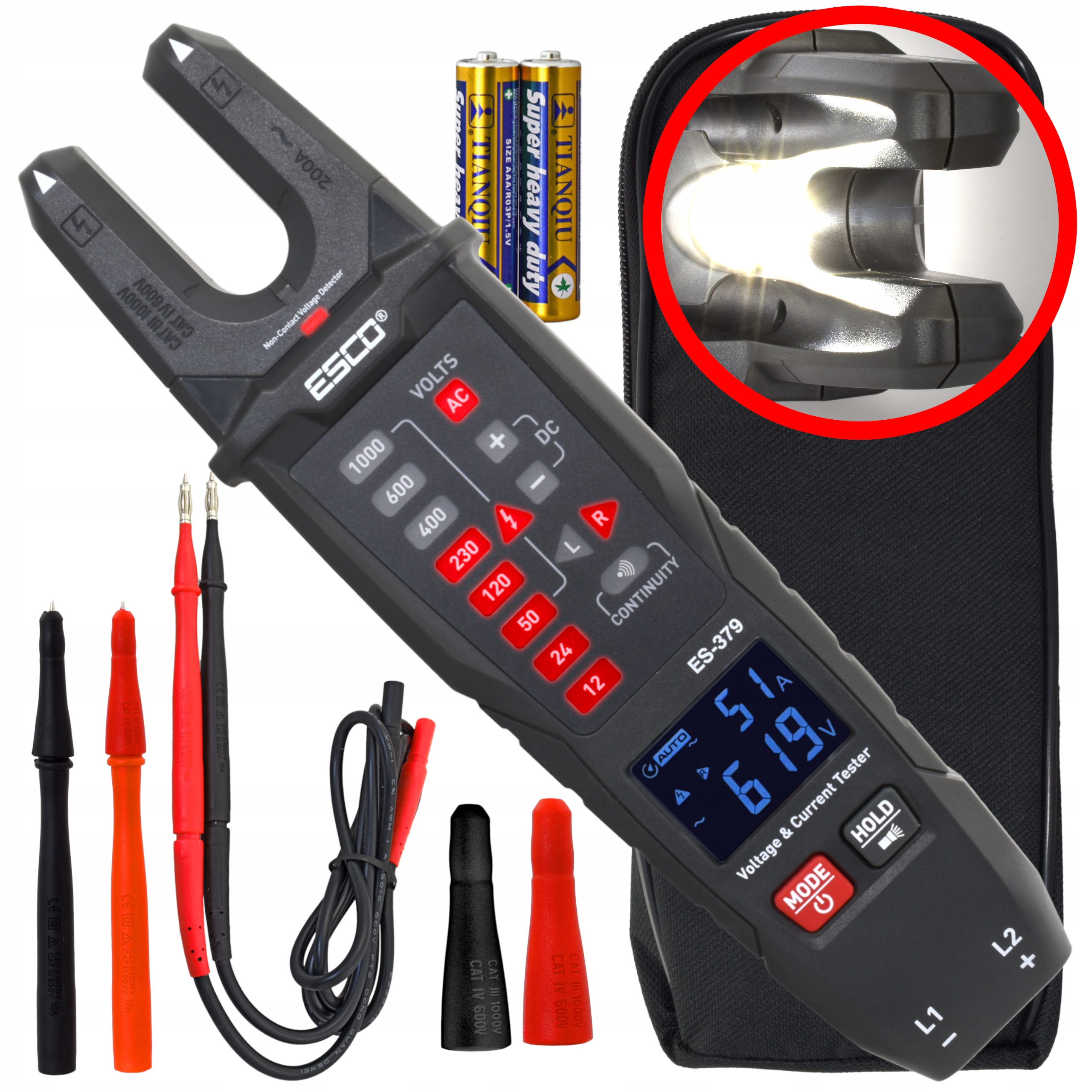 Vidlicový klešťový měřič proudu Směr Fáze Rotace Ncv Pouzdro otevřené kleště