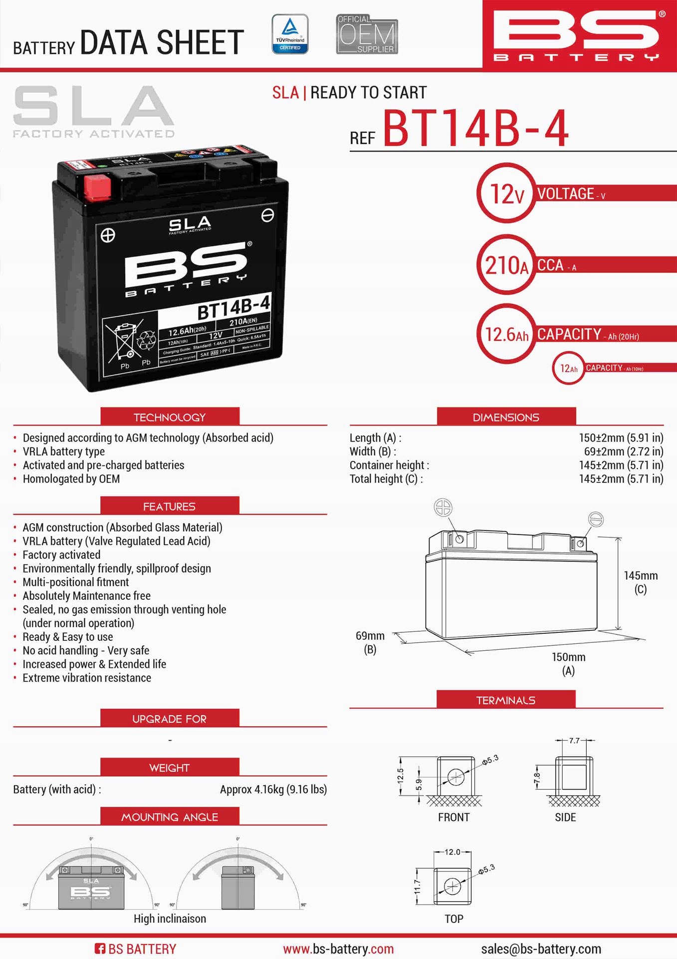 Bs Batéria BT14B-4 (fa) (YT14B4) 12V 12AH 150X69X145 Bezobs Lužný Zala