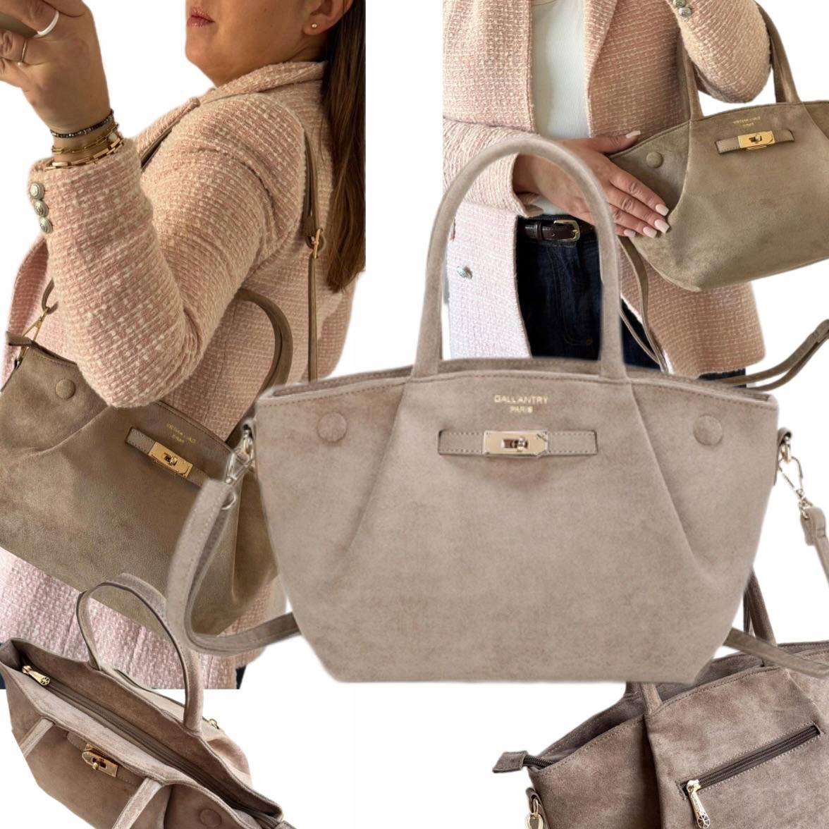 Torebka Damska Gallantry Skóra Eco Zamsz Zamszowa Beżowa Taupe Shopper