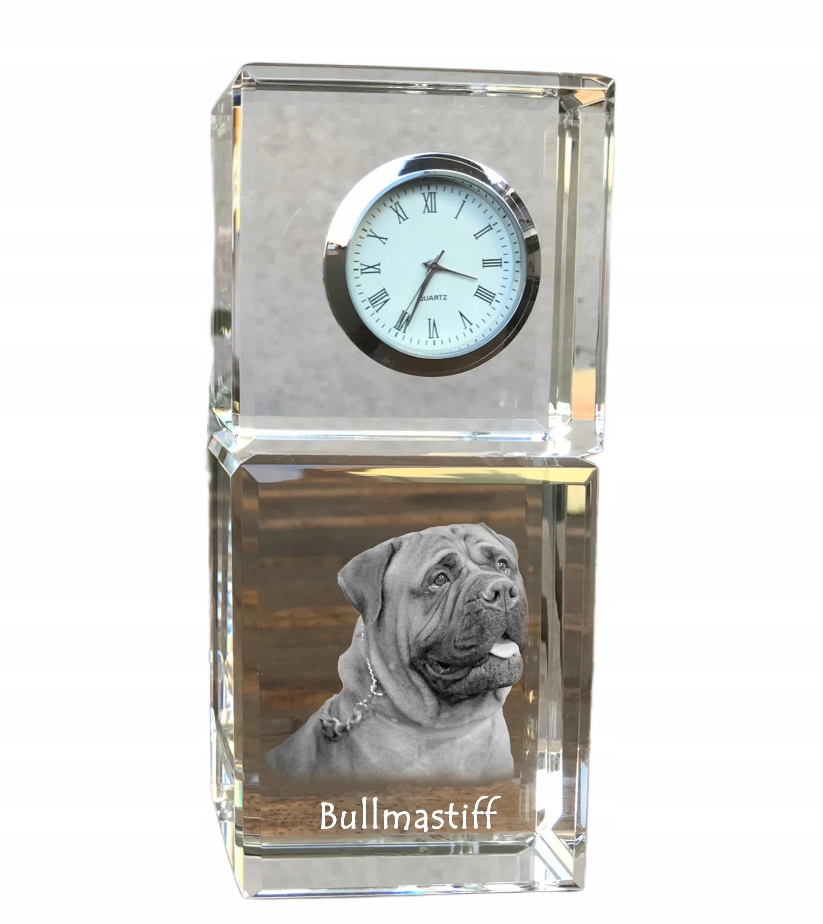 Bullmastiff krištáľové stolové hodiny so psom, s vašou fotografiou, suvenír