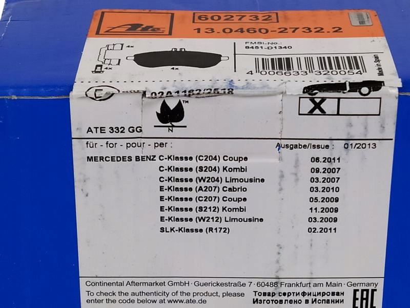 ATE KLOCKI HAMULCOWE PRZÓD MERCEDES C W204 E W212 Producent części ATE