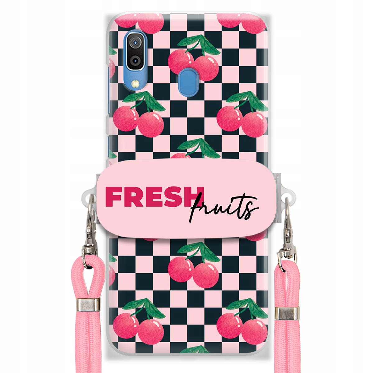 Puzdro pre Samsung A30 Pink Crossbody držiak šachovnice Fresh Fruits