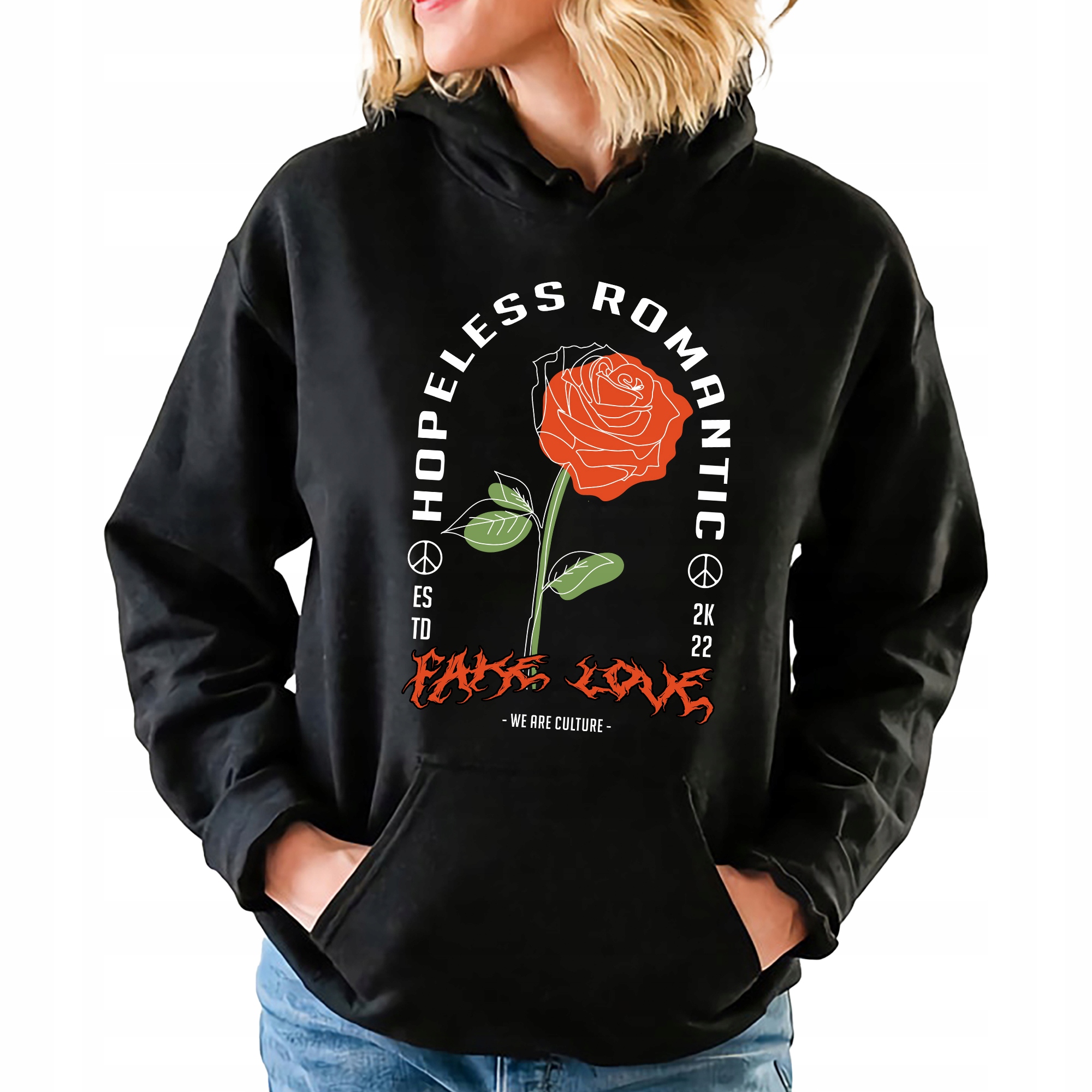 Mikina S Kapucí Černá Fake Love Rose Dárek Moda Streetwear Vel S